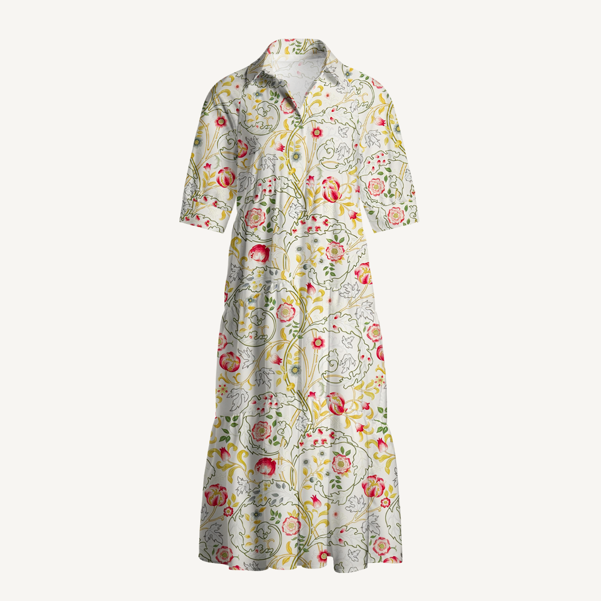  V Neck Collared Peony Vine Garden Casual Long Shirt Dress