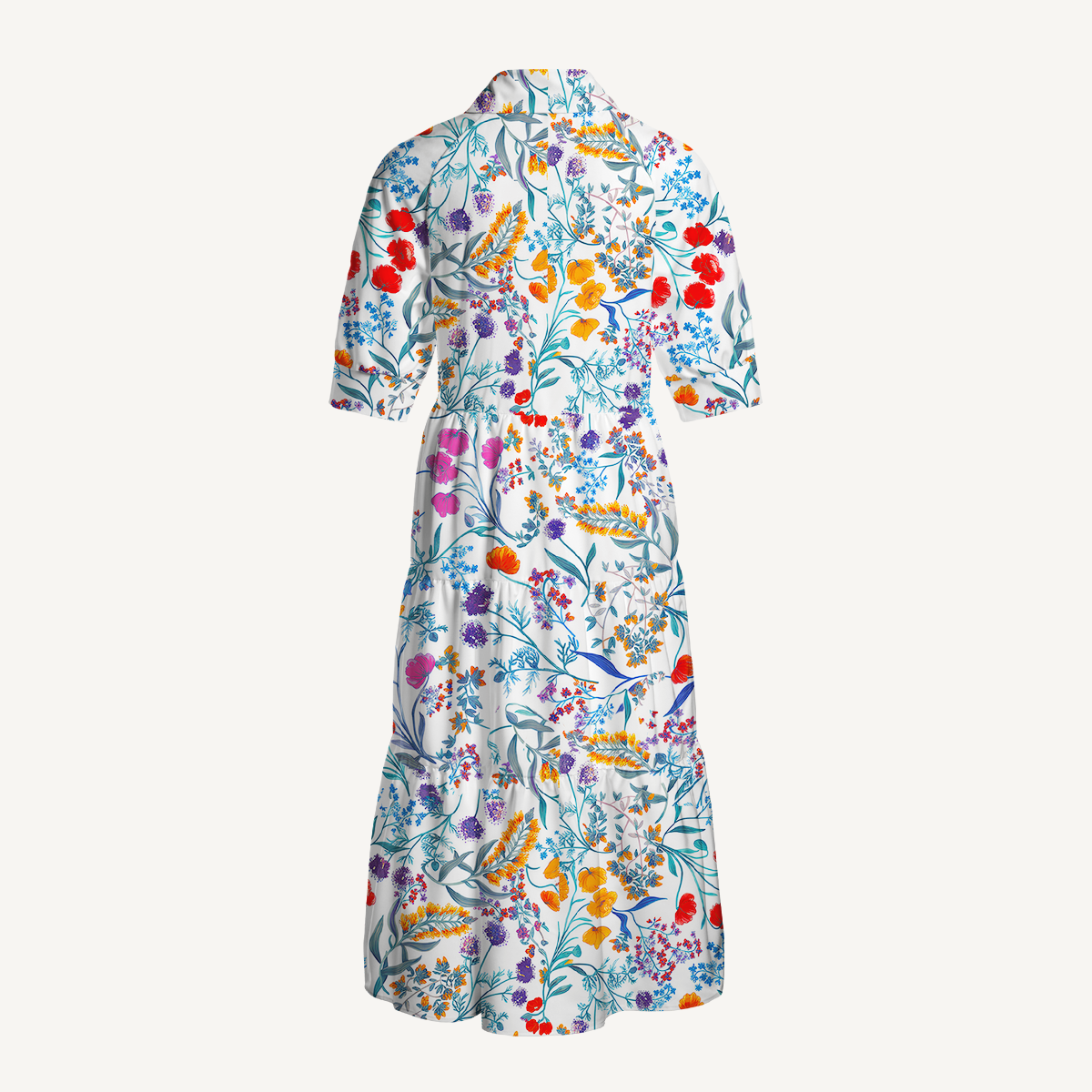  V Neck Collared Fiery Meadow Casual Long Shirt Dress