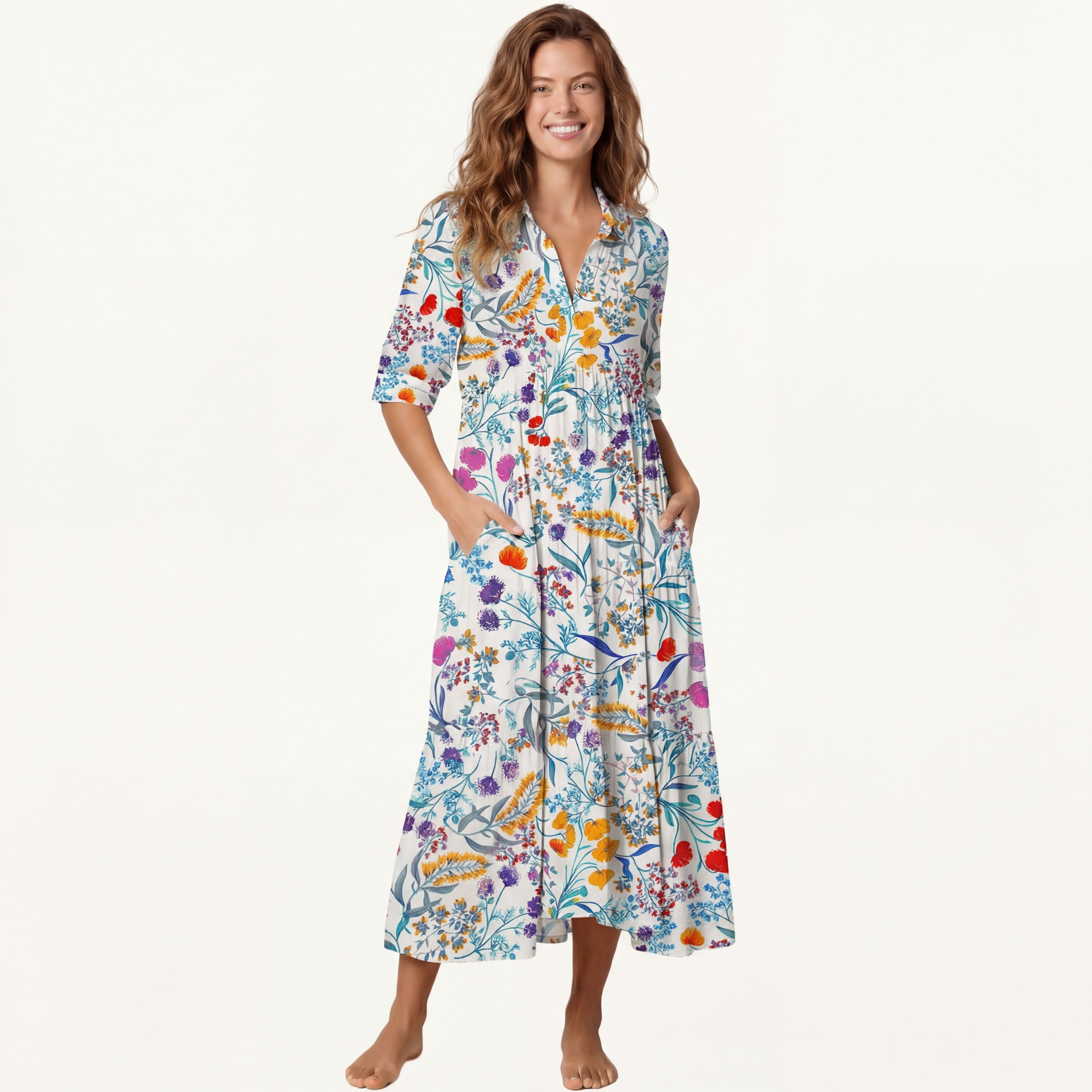  V Neck Collared Fiery Meadow Casual Long Shirt Dress