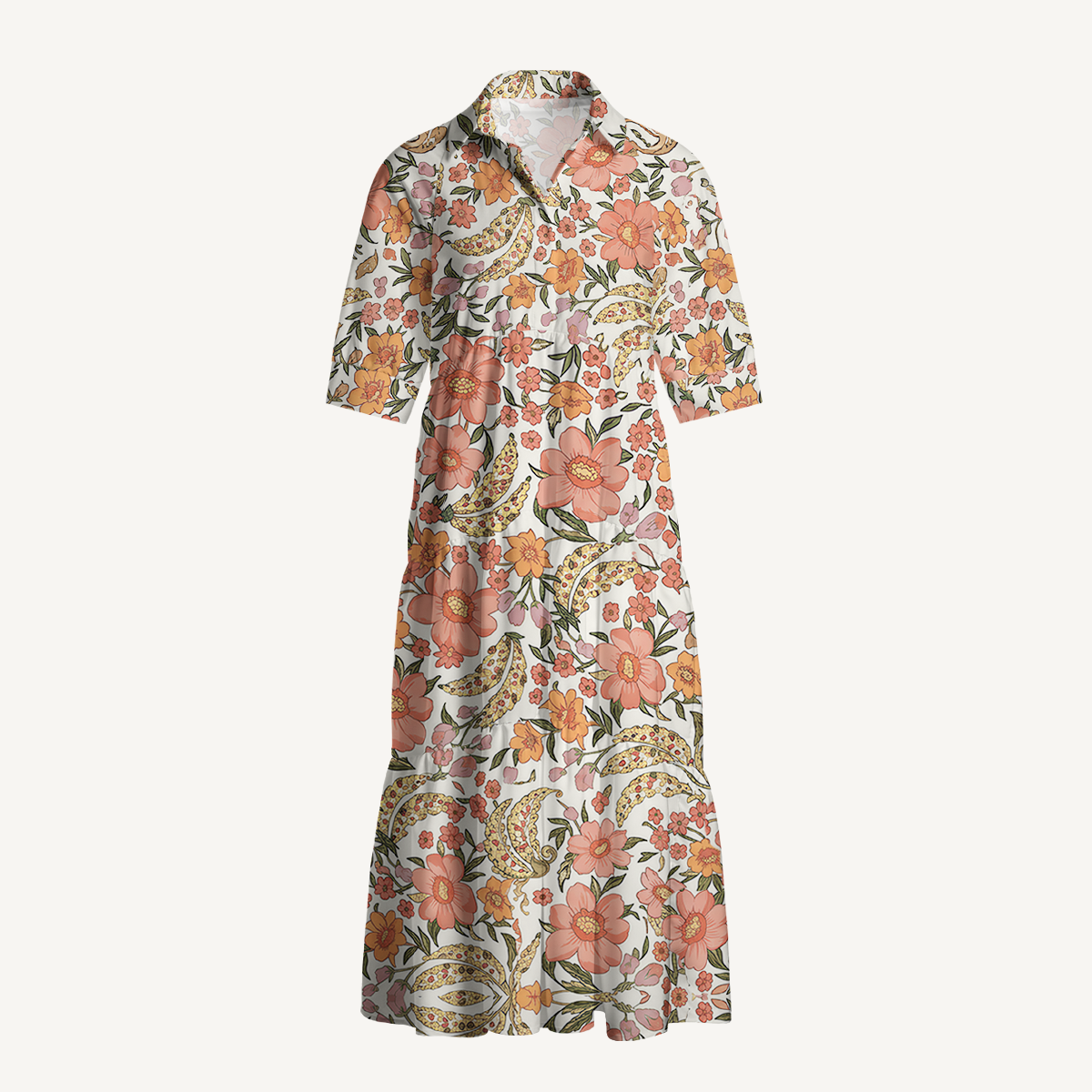  V Neck Collared Amber Bloom Casual Long Shirt Dress