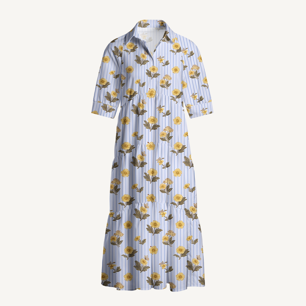  V Neck Collared Blue Marigold Casual Long Shirt Dress