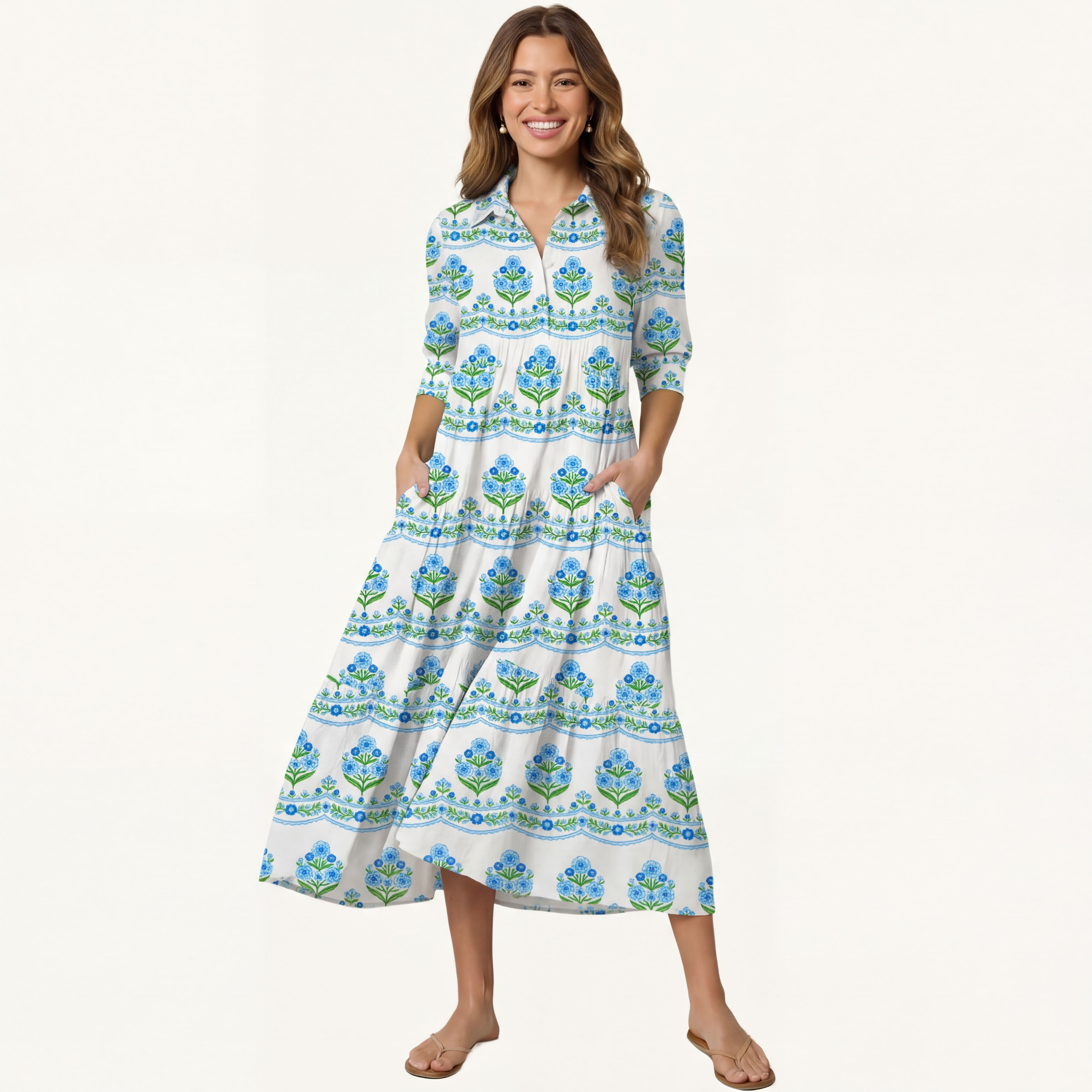 V Neck Collared Azure Folk Casual Long Shirt Dress
