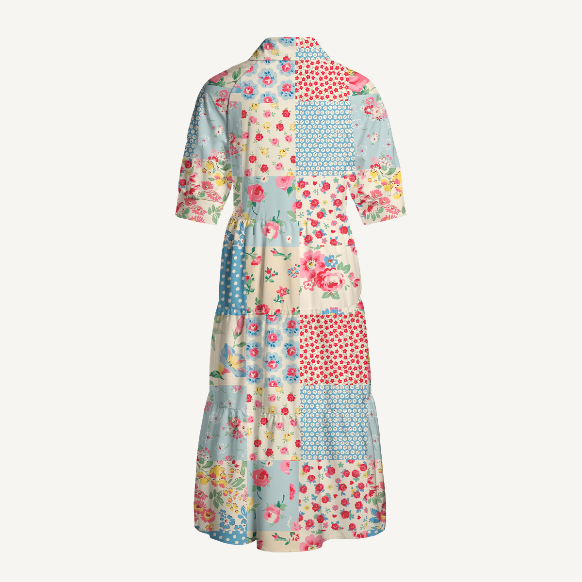  V Neck Collared Pastel Patc Casual Long Shirt Dress