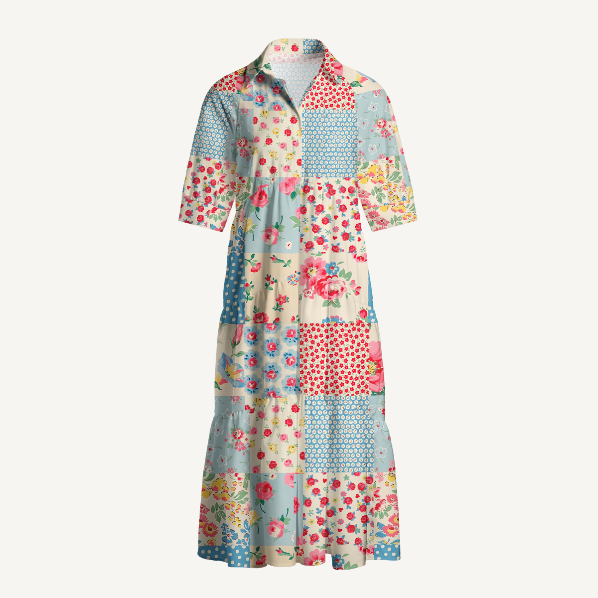  V Neck Collared Pastel Patc Casual Long Shirt Dress