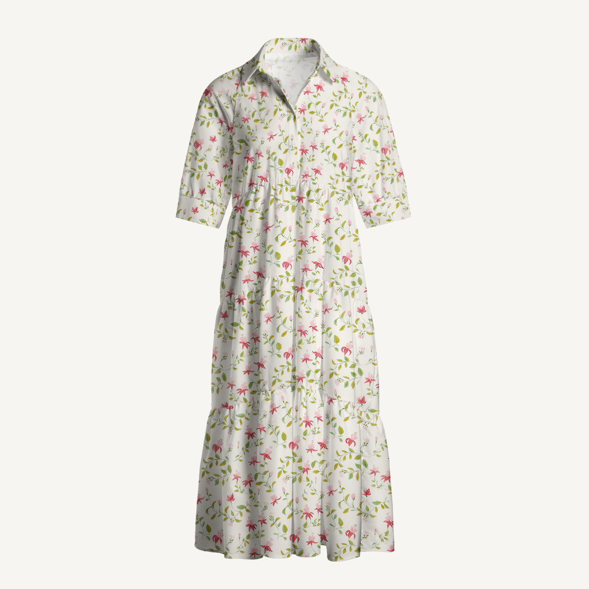V Neck Collared Ruby Vine Casual Long Shirt Dress