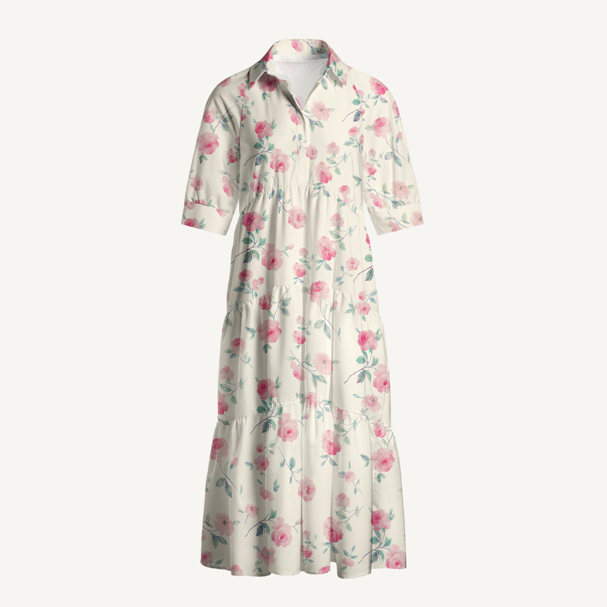  V Neck Collared Blush Rose Casual Long Shirt Dress