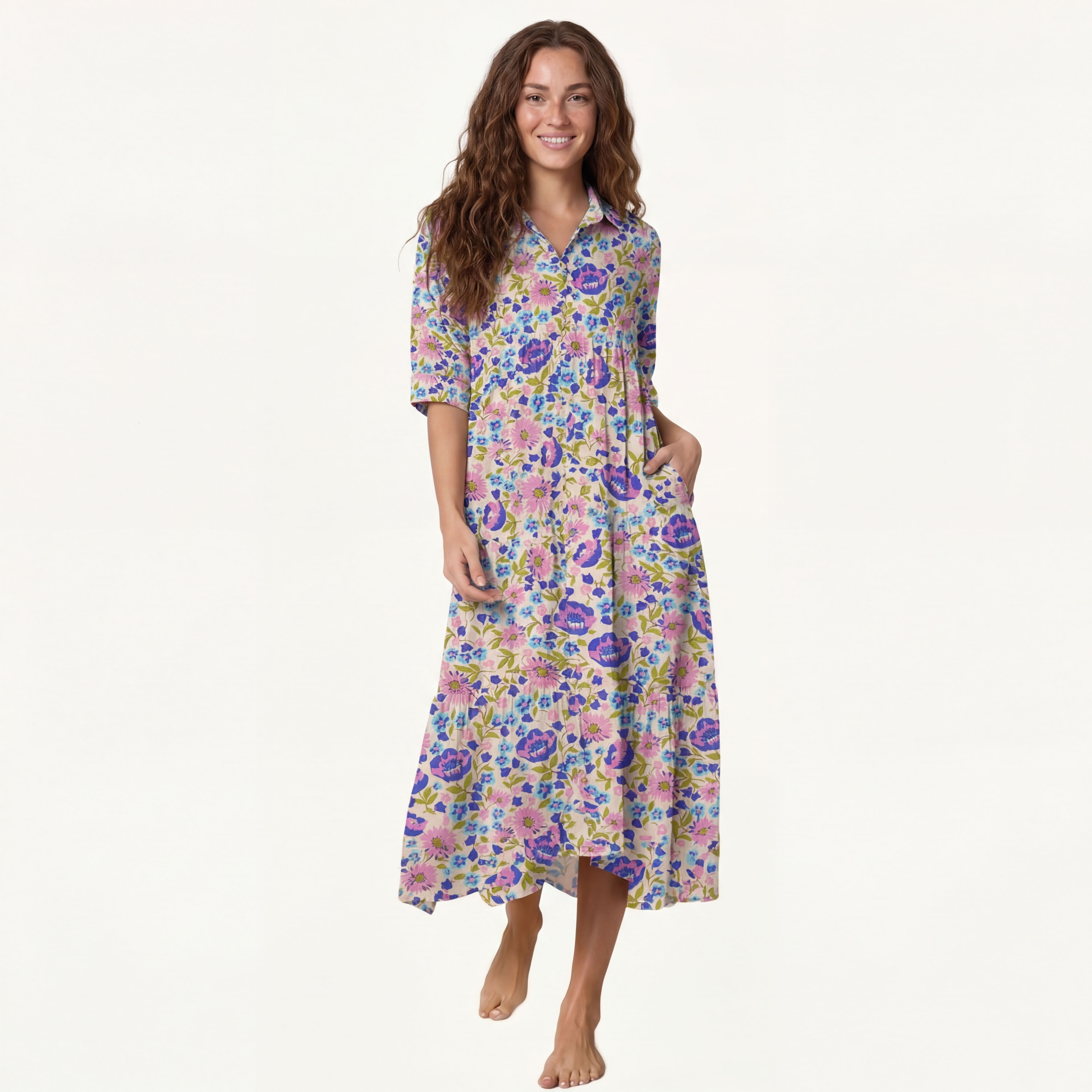  V Neck Collared Lavender Bloom Casual Long Shirt Dress