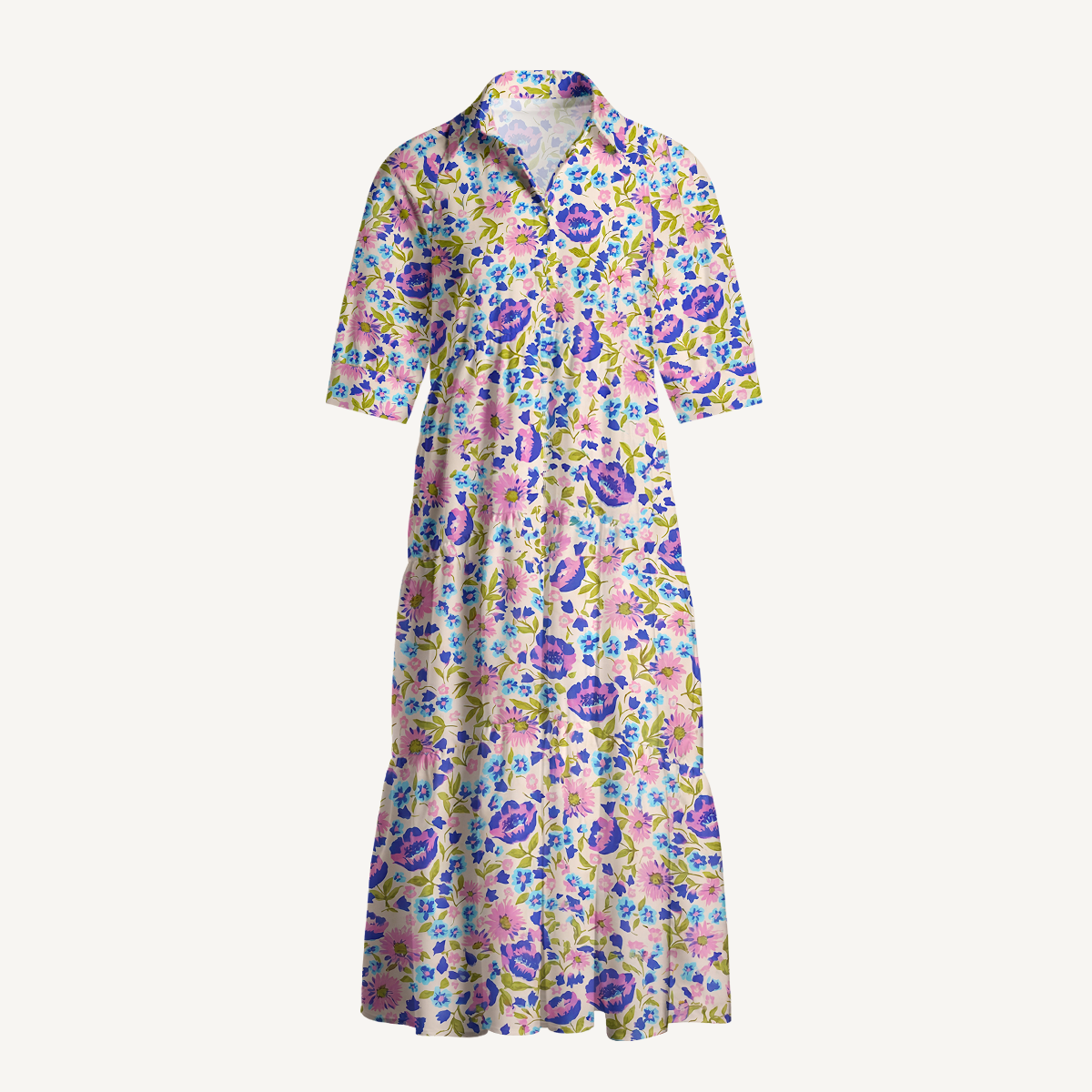  V Neck Collared Lavender Bloom Casual Long Shirt Dress