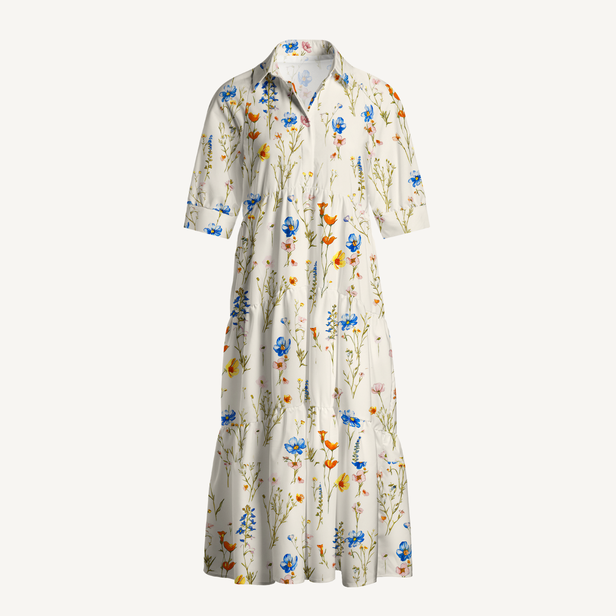  V Neck Collared Wild Bloom Casual Long Shirt Dress