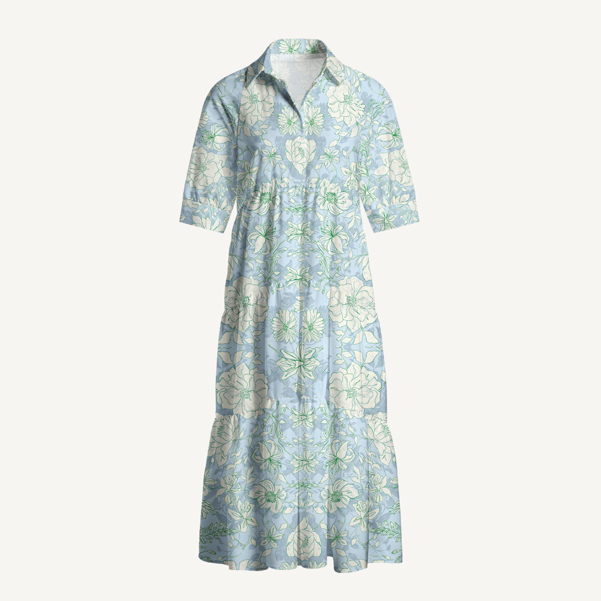  V Neck Collared Mist Floral Casual Long Shirt Dress