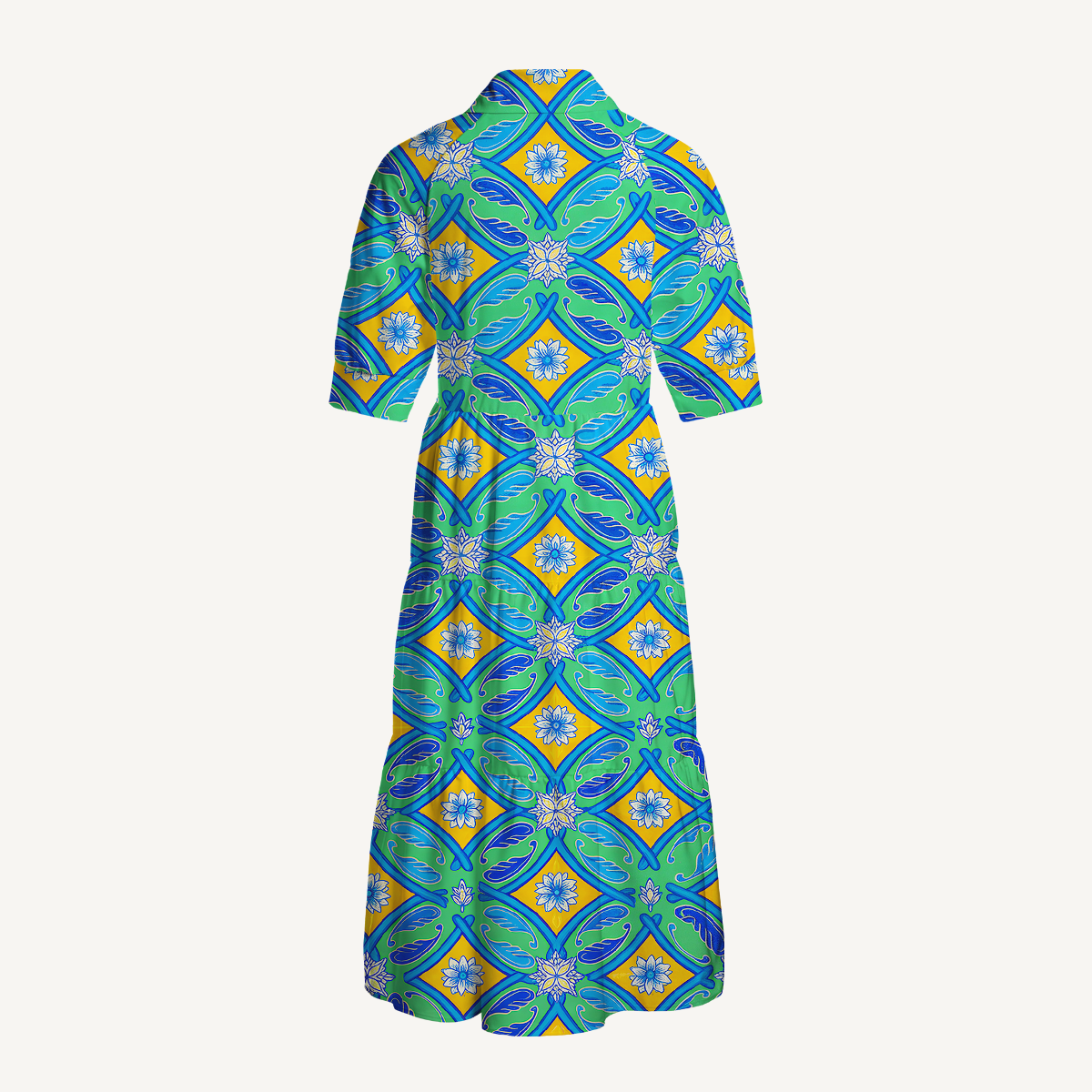  V Neck Collared Azure Tile Casual Long Shirt Dress