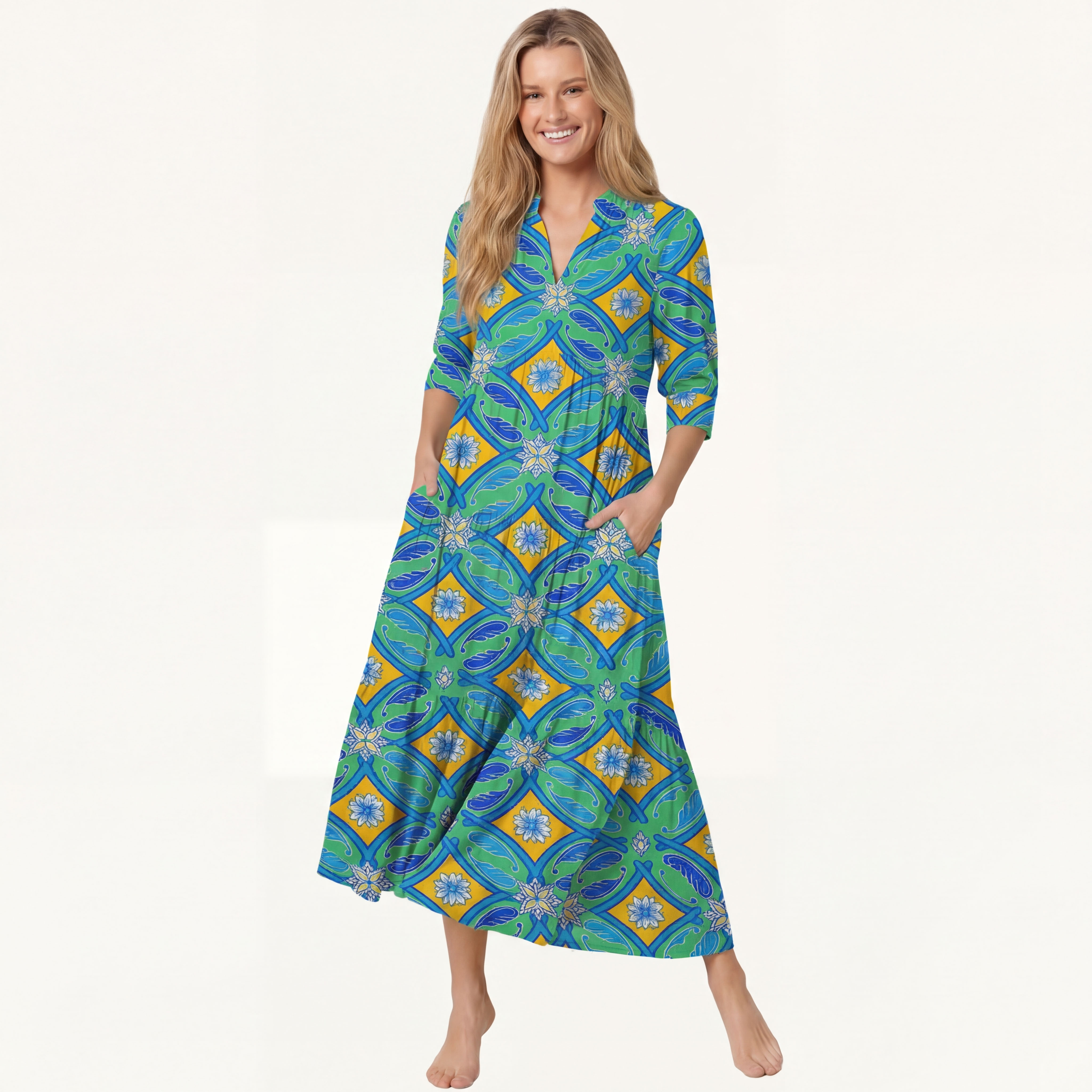  V Neck Collared Azure Tile Casual Long Shirt Dress