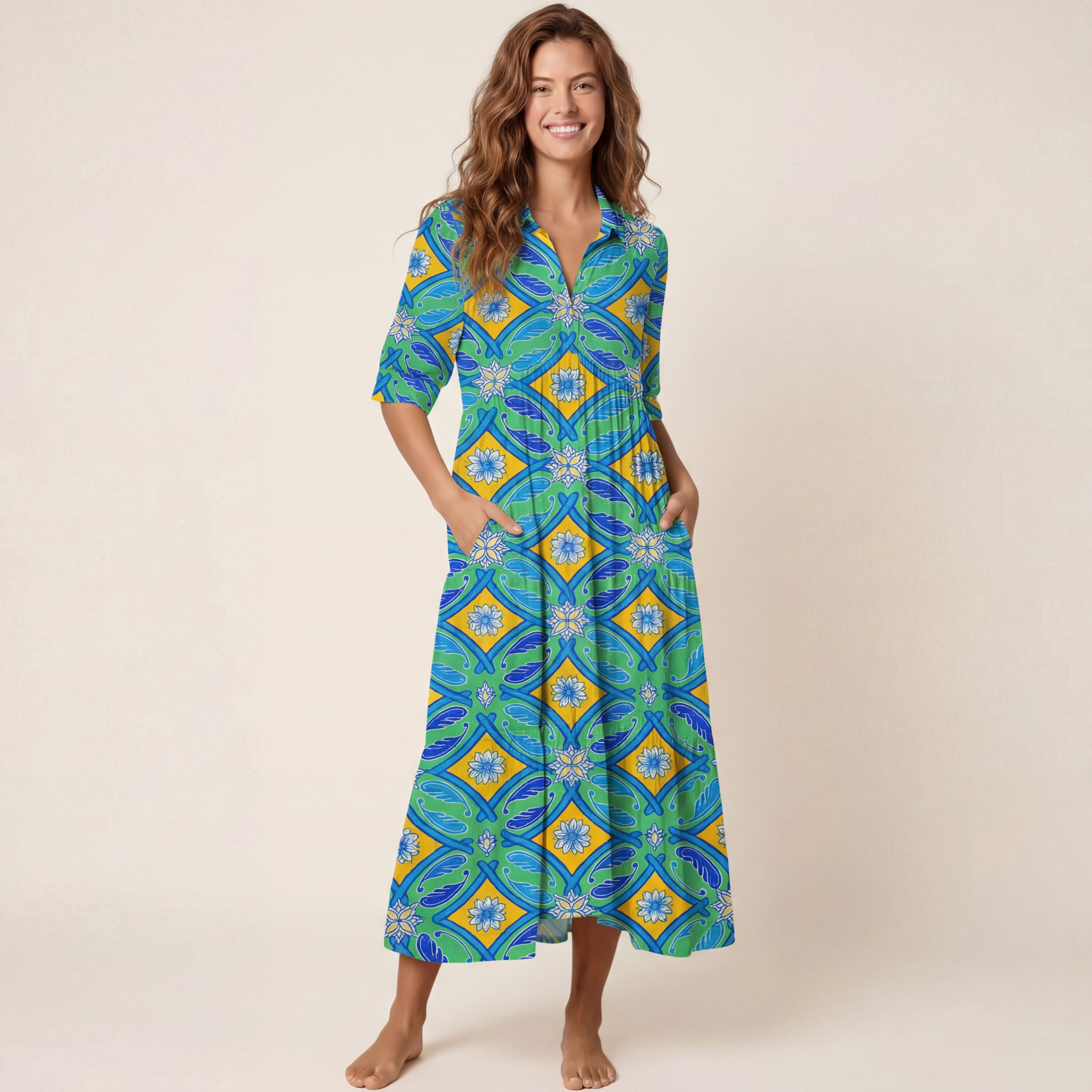  V Neck Collared Azure Tile Casual Long Shirt Dress