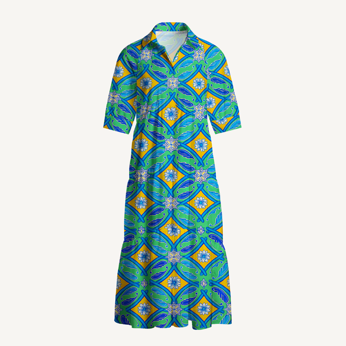  V Neck Collared Azure Tile Casual Long Shirt Dress