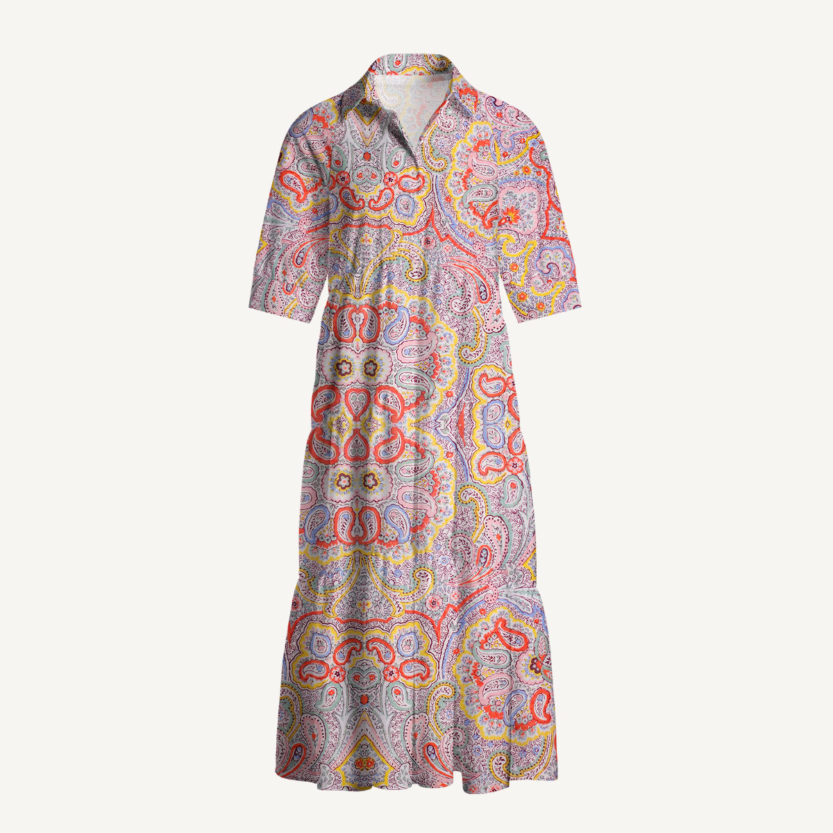  V Neck Collared Sunrise Paisley Casual Long Shirt Dress