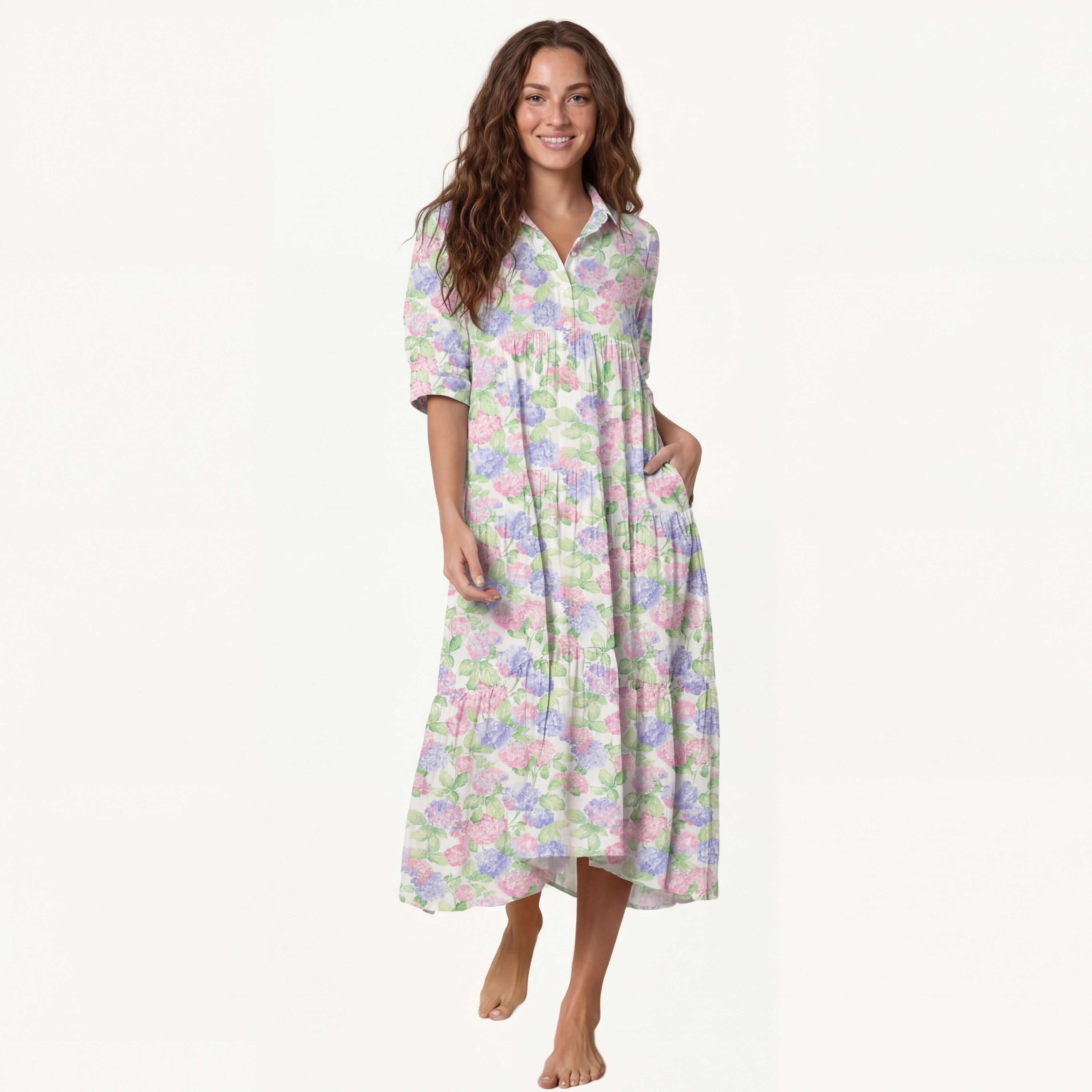 V Neck Collared Lilac Hydrangea Casual Long Shirt Dress