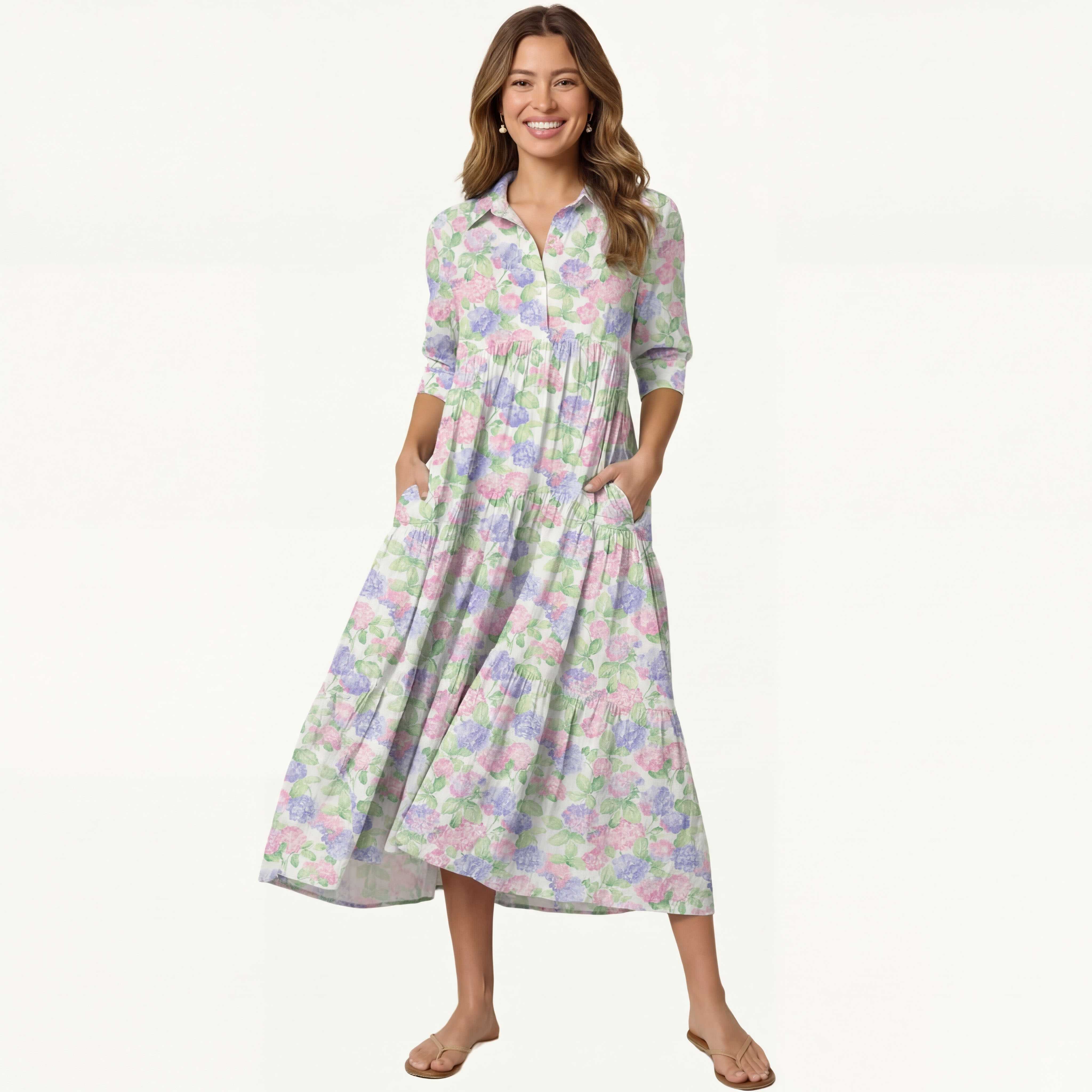  V Neck Collared Lilac Hydrangea Casual Long Shirt Dress