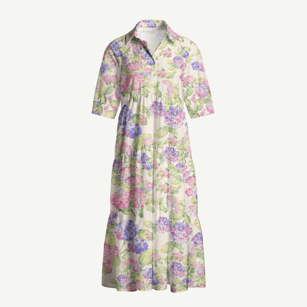  V Neck Collared Lilac Hydrangea Casual Long Shirt Dress