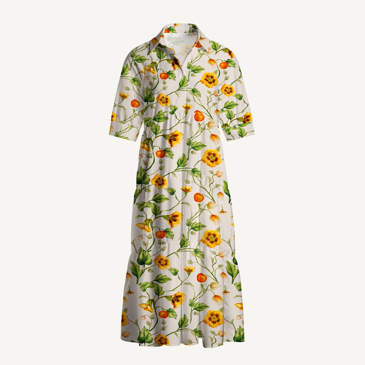  V Neck Collared Golden Field Casual Long Shirt Dress