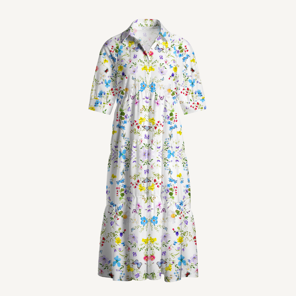  V Neck Collared Butterfly Trail Casual Long Shirt Dress