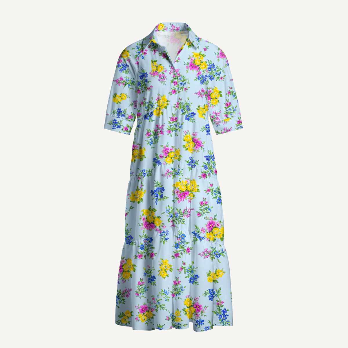  V Neck Collared Blue Meadow Casual Long Shirt Dress
