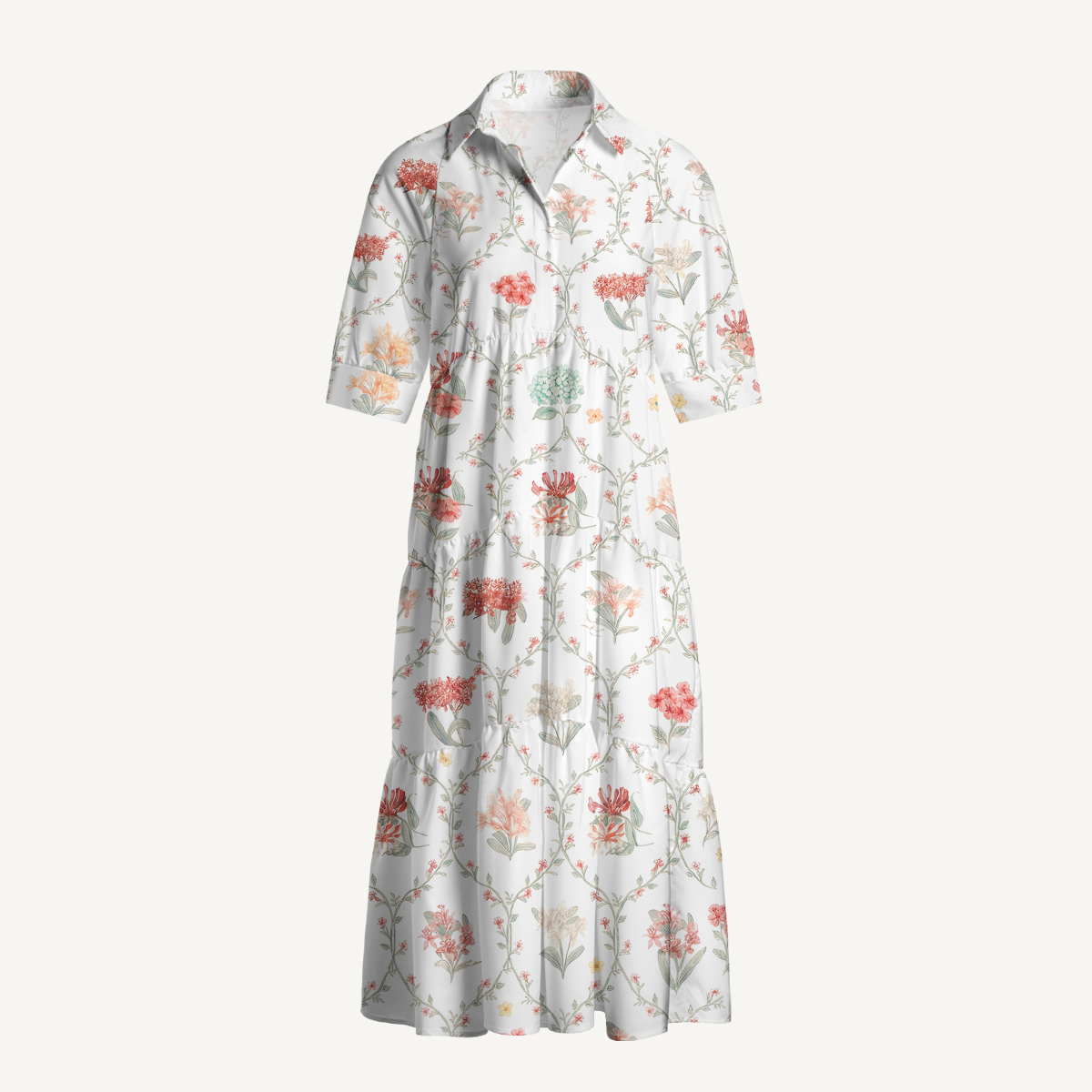  V Neck Collared Coral Vine Casual Long Shirt Dress