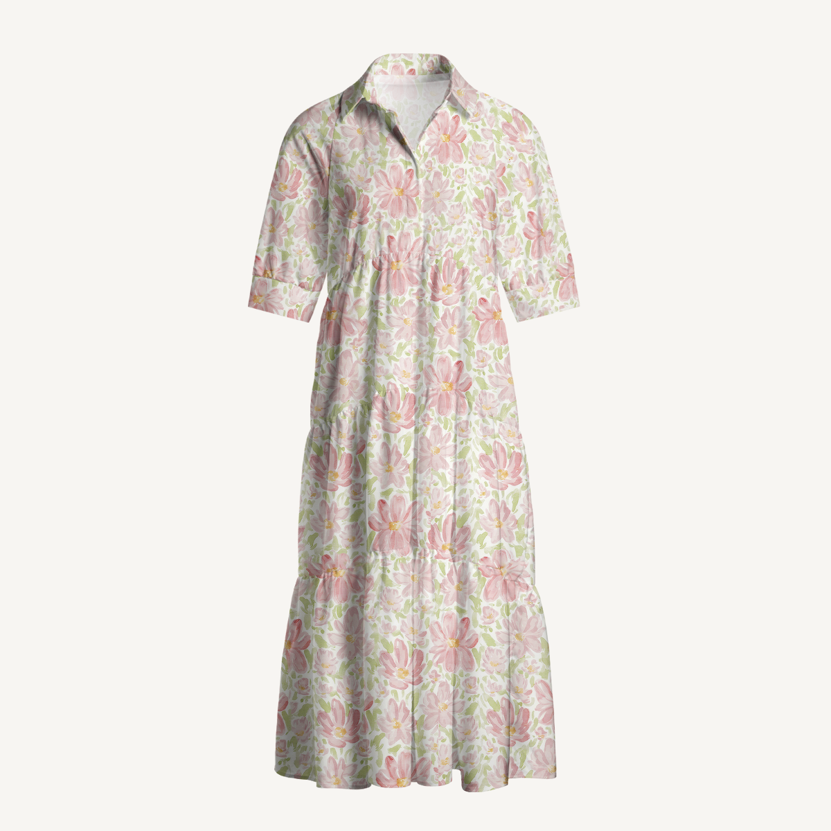 V Neck Collared Cosmos Flower Casual Long Shirt Dress