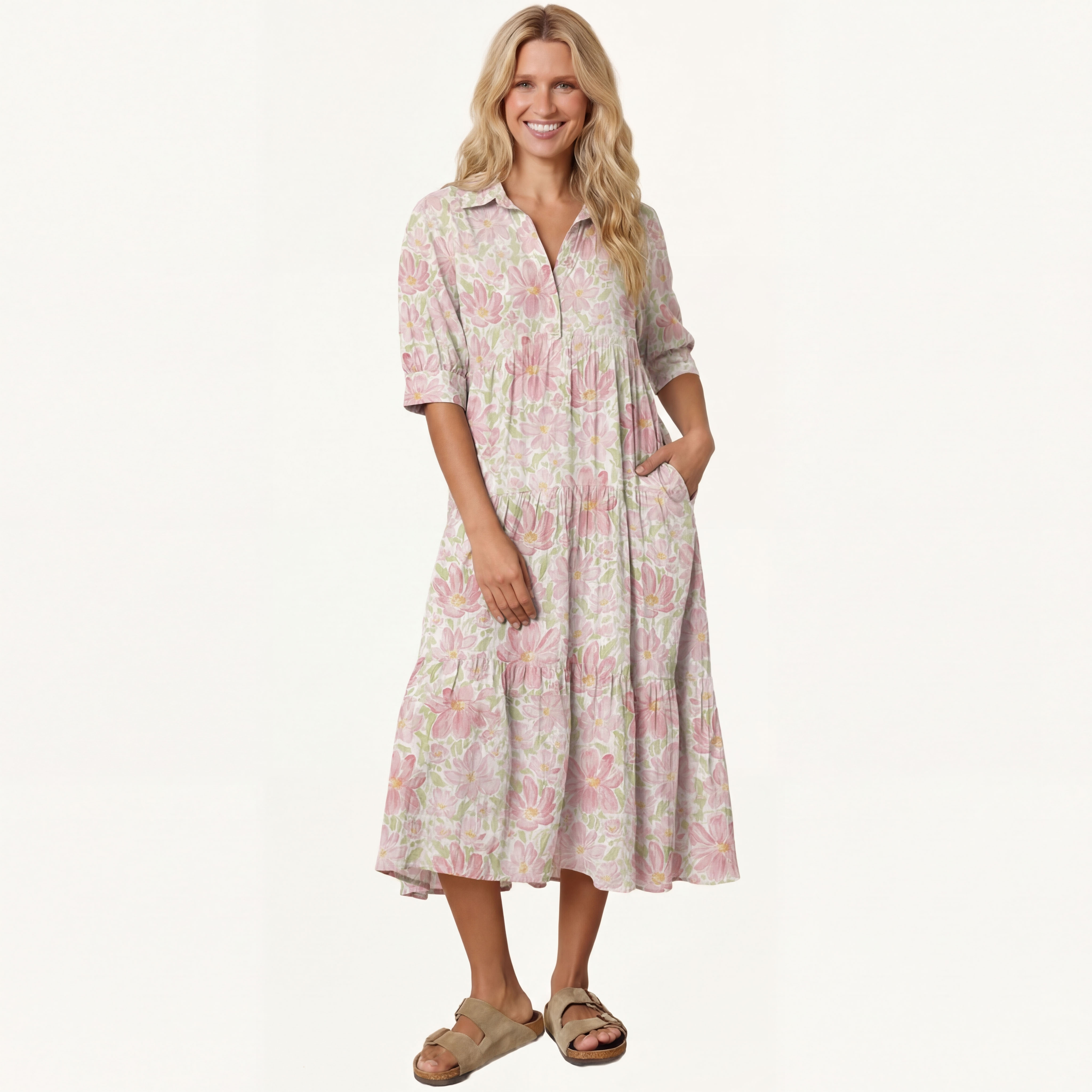 V Neck Collared Cosmos Flower Casual Long Shirt Dress