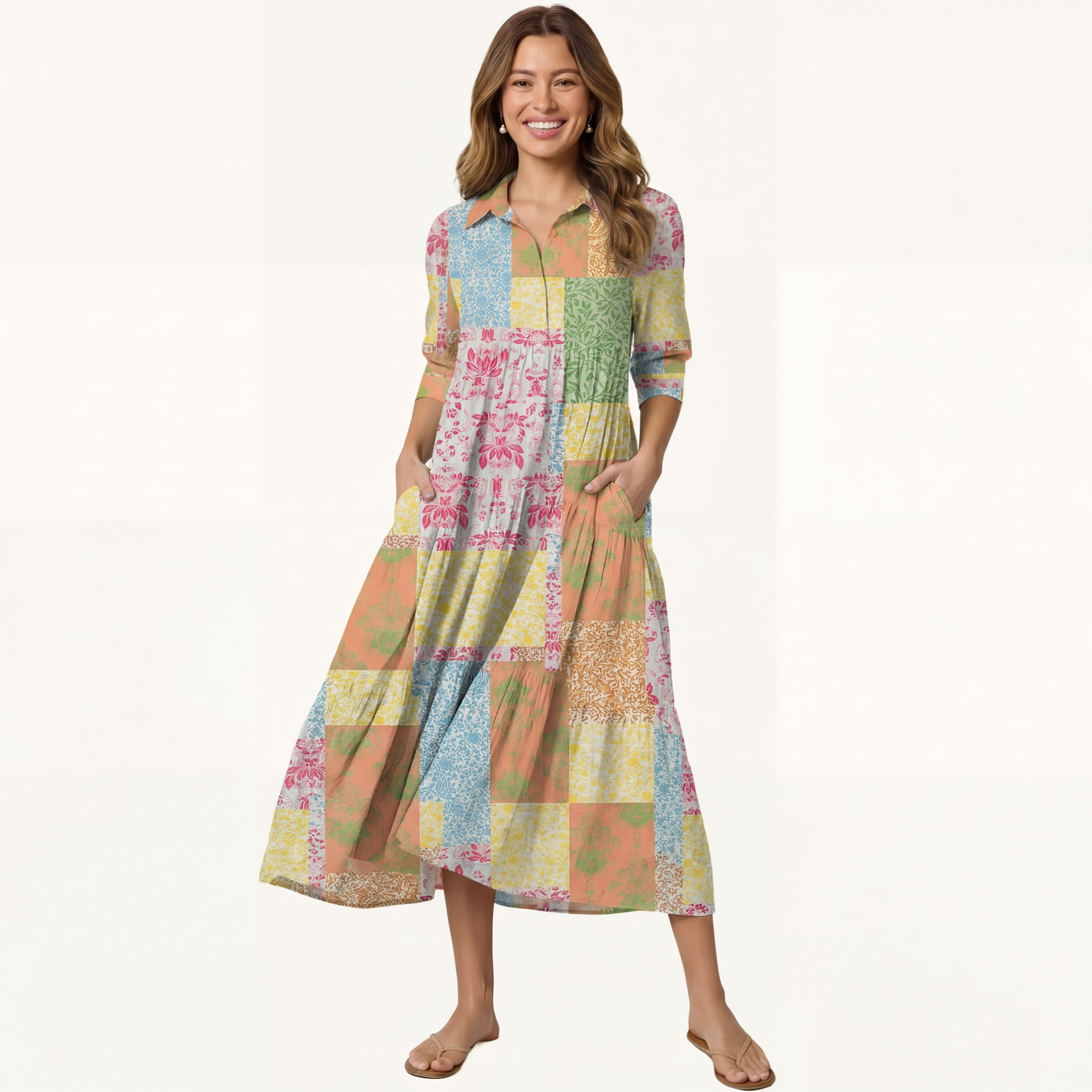  V Neck Collared Morning Patch Casual Long Shirt Dress
