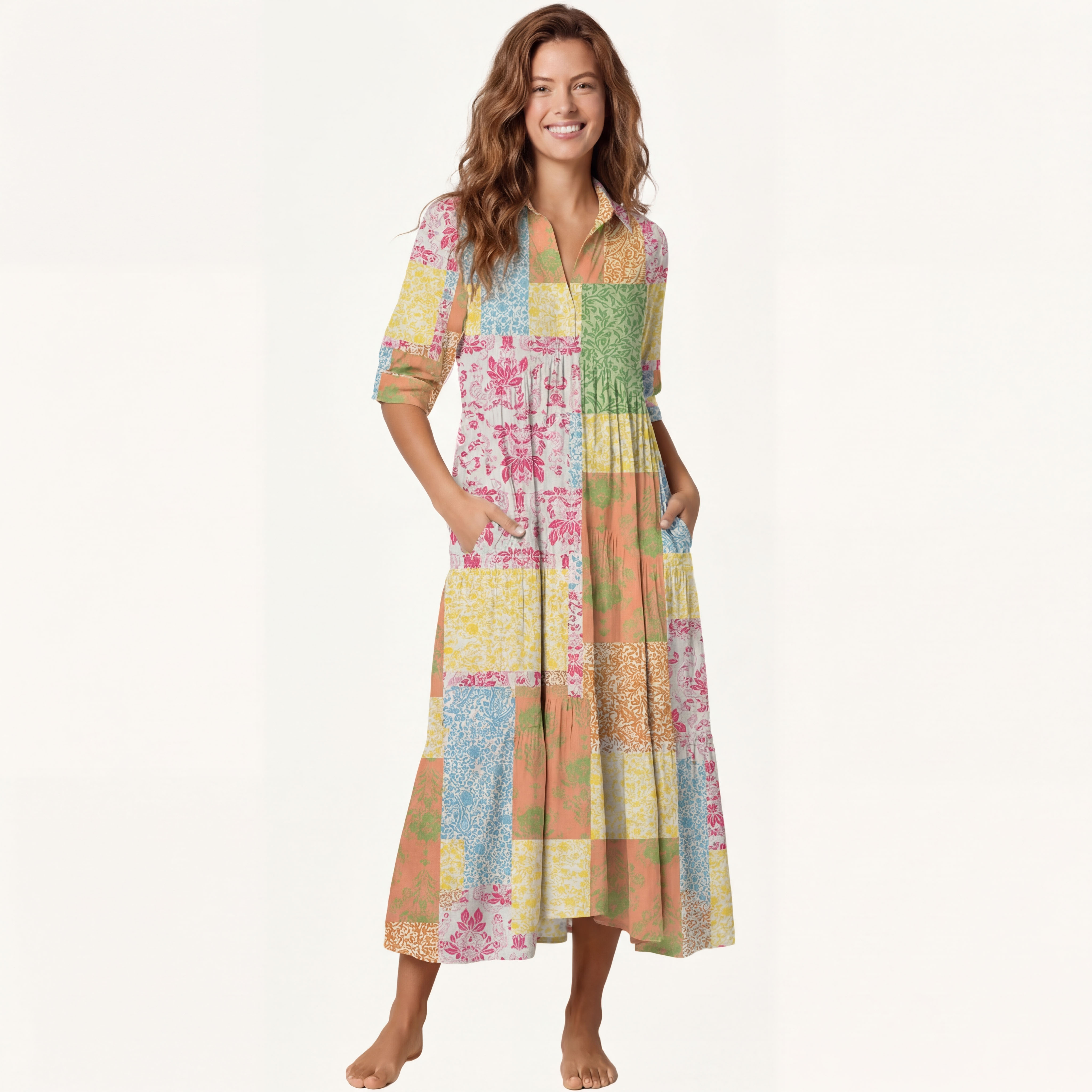  V Neck Collared Morning Patch Casual Long Shirt Dress
