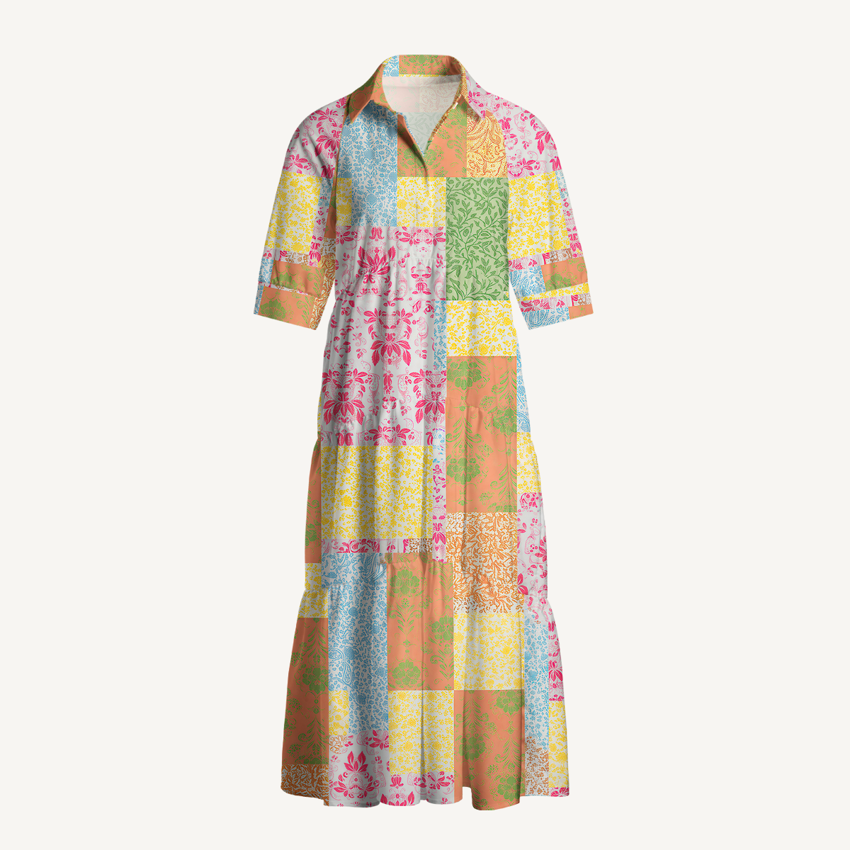  V Neck Collared Morning Patch Casual Long Shirt Dress