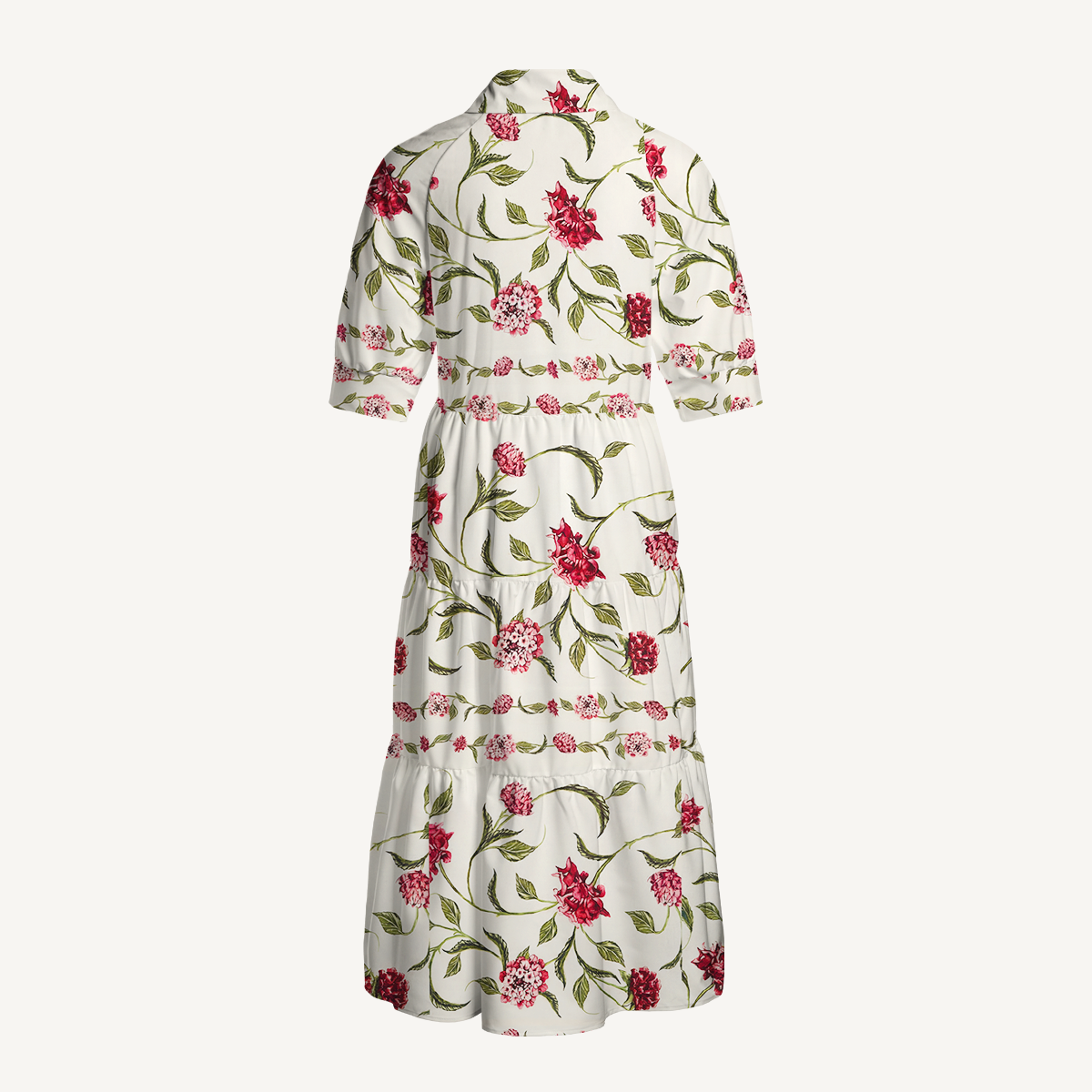  V Neck Collared Red Floral Print Casual Long Shirt Dress