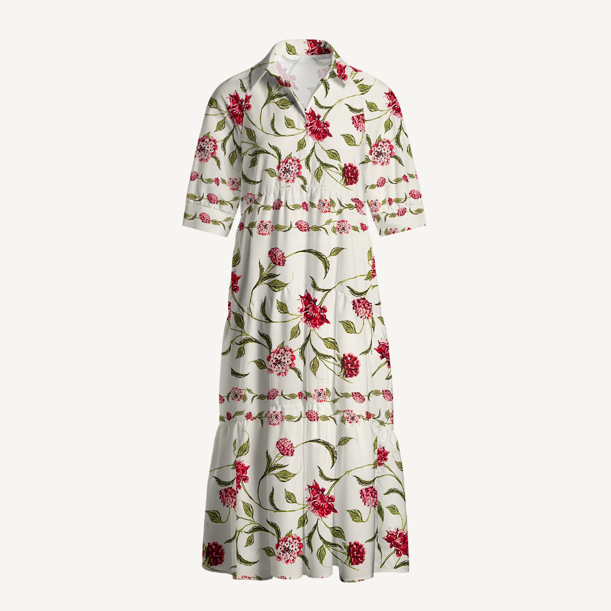  V Neck Collared Red Floral Print Casual Long Shirt Dress