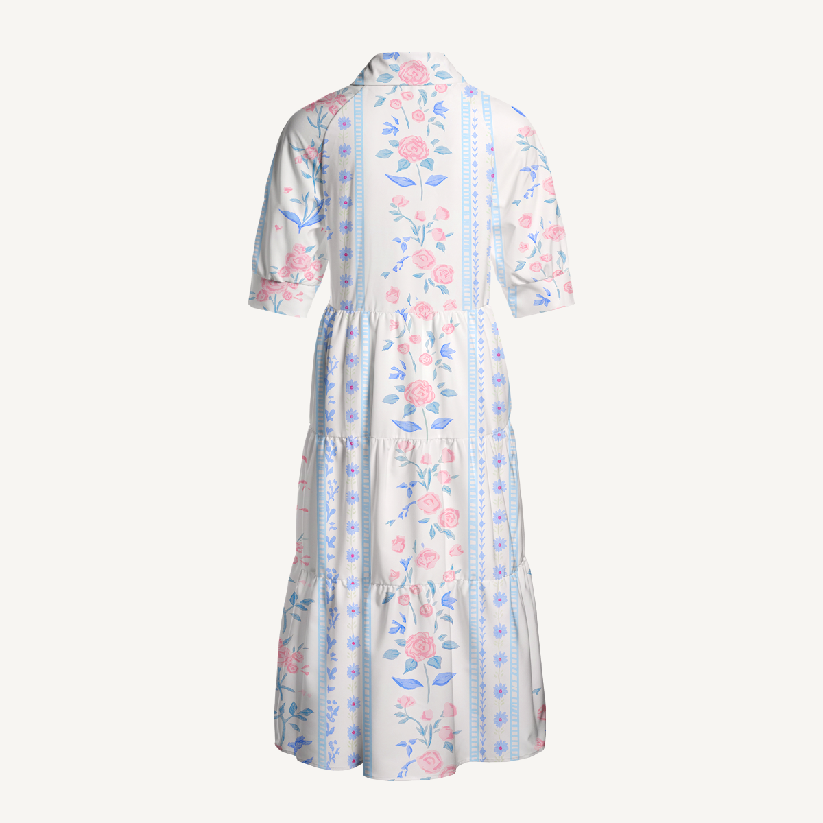  V Neck Collared Blue Rose Casual Long Shirt Dress