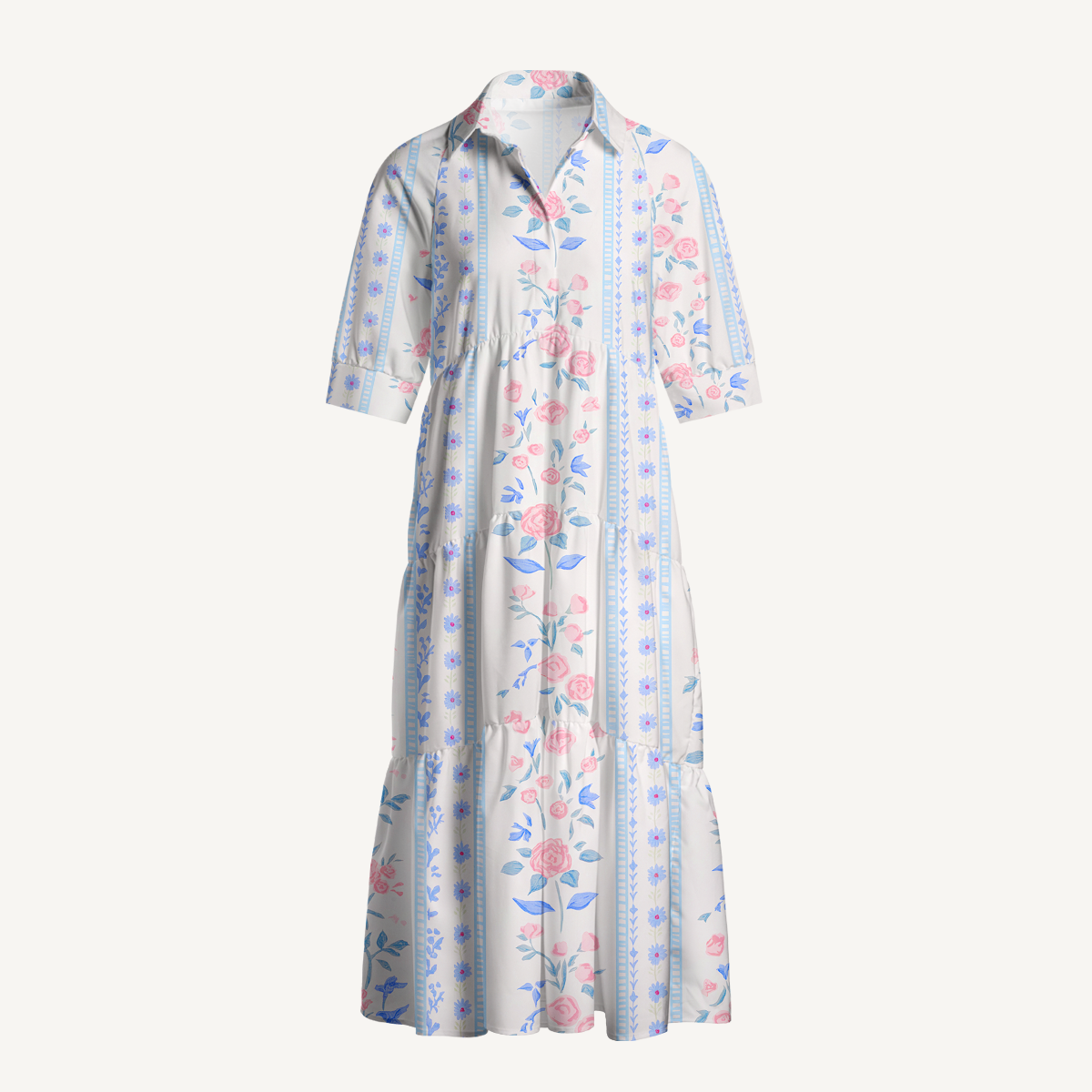  V Neck Collared Blue Rose Casual Long Shirt Dress