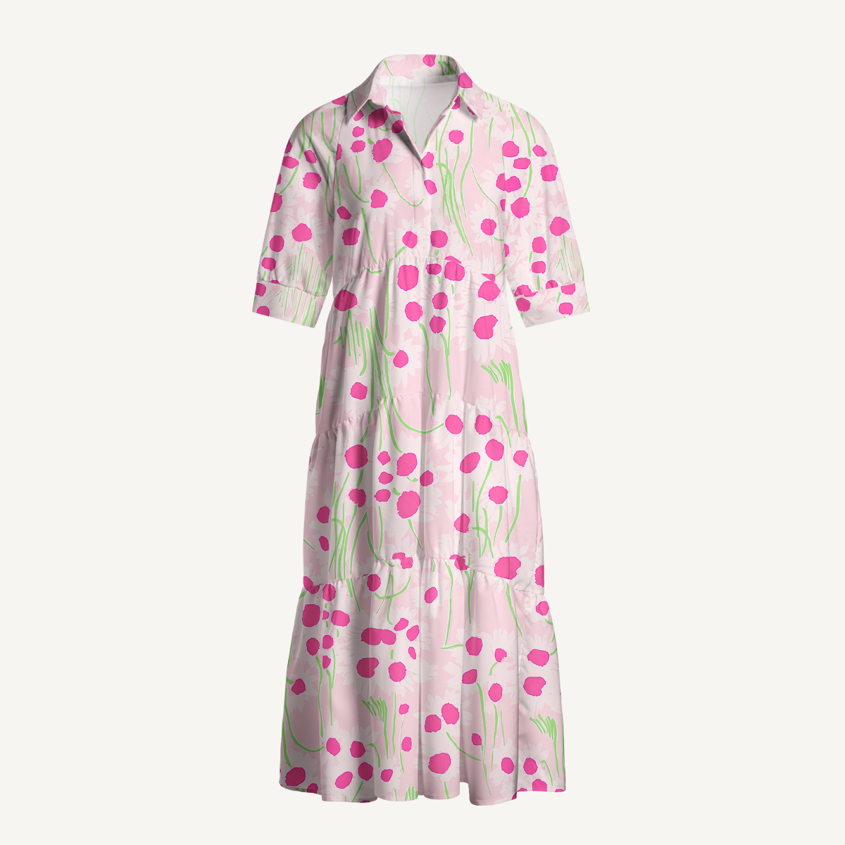  V Neck Collared Pink Daisy Casual Long Shirt Dress