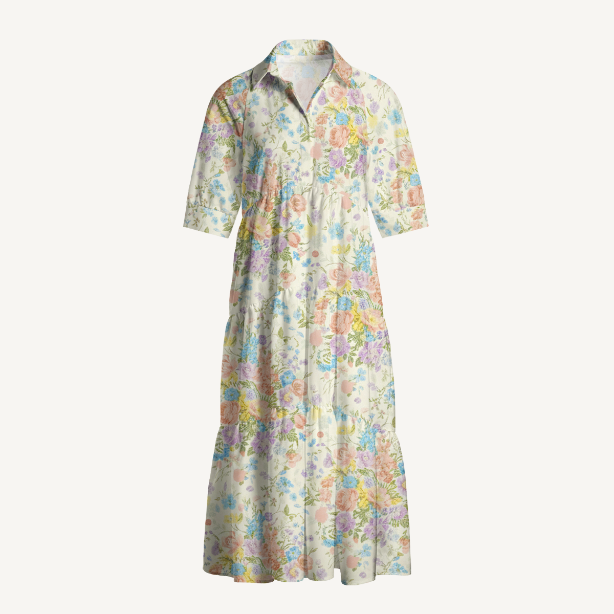  V Neck Collared Morning Dew Bouquet Casual Long Shirt Dress