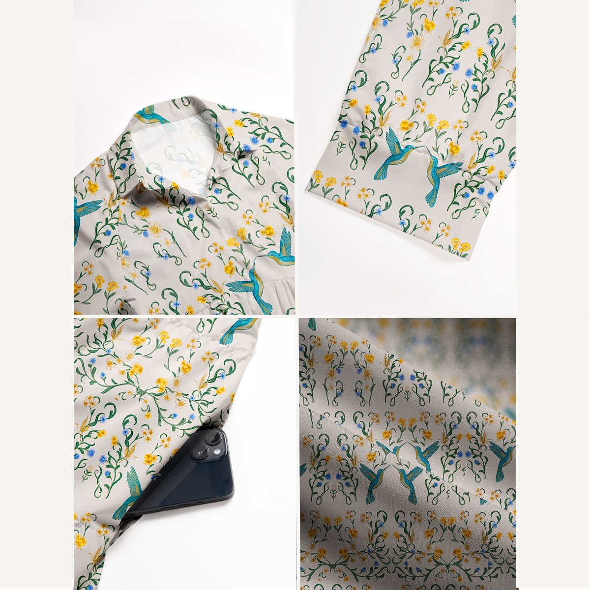  V Neck Collared Whispering Hummingbird Casual Long Shirt Dress