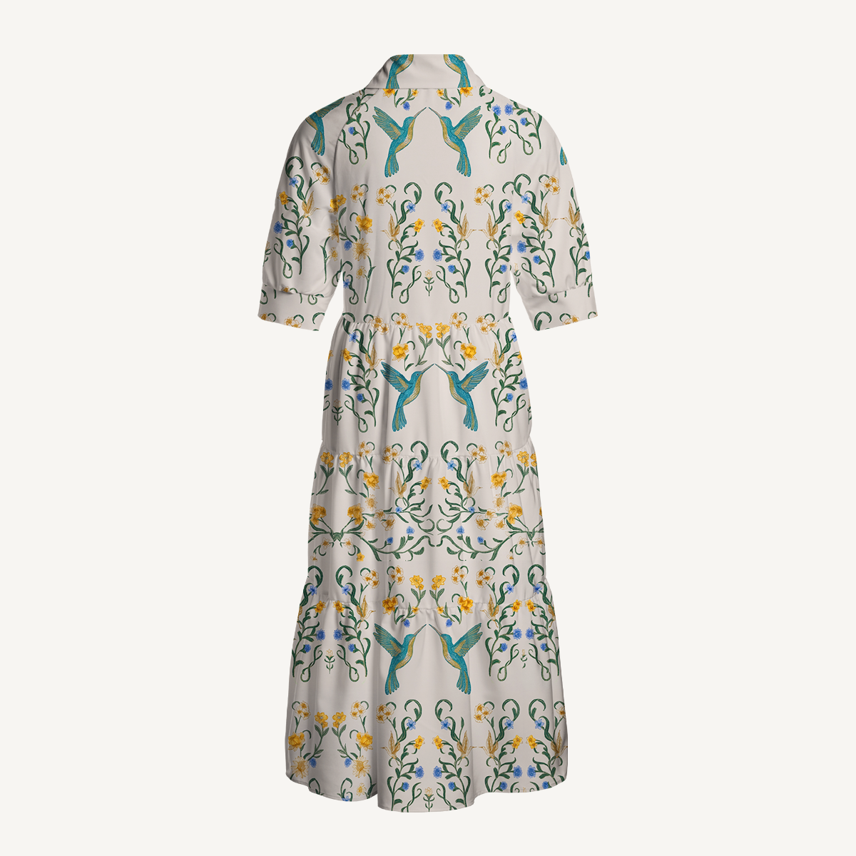  V Neck Collared Whispering Hummingbird Casual Long Shirt Dress