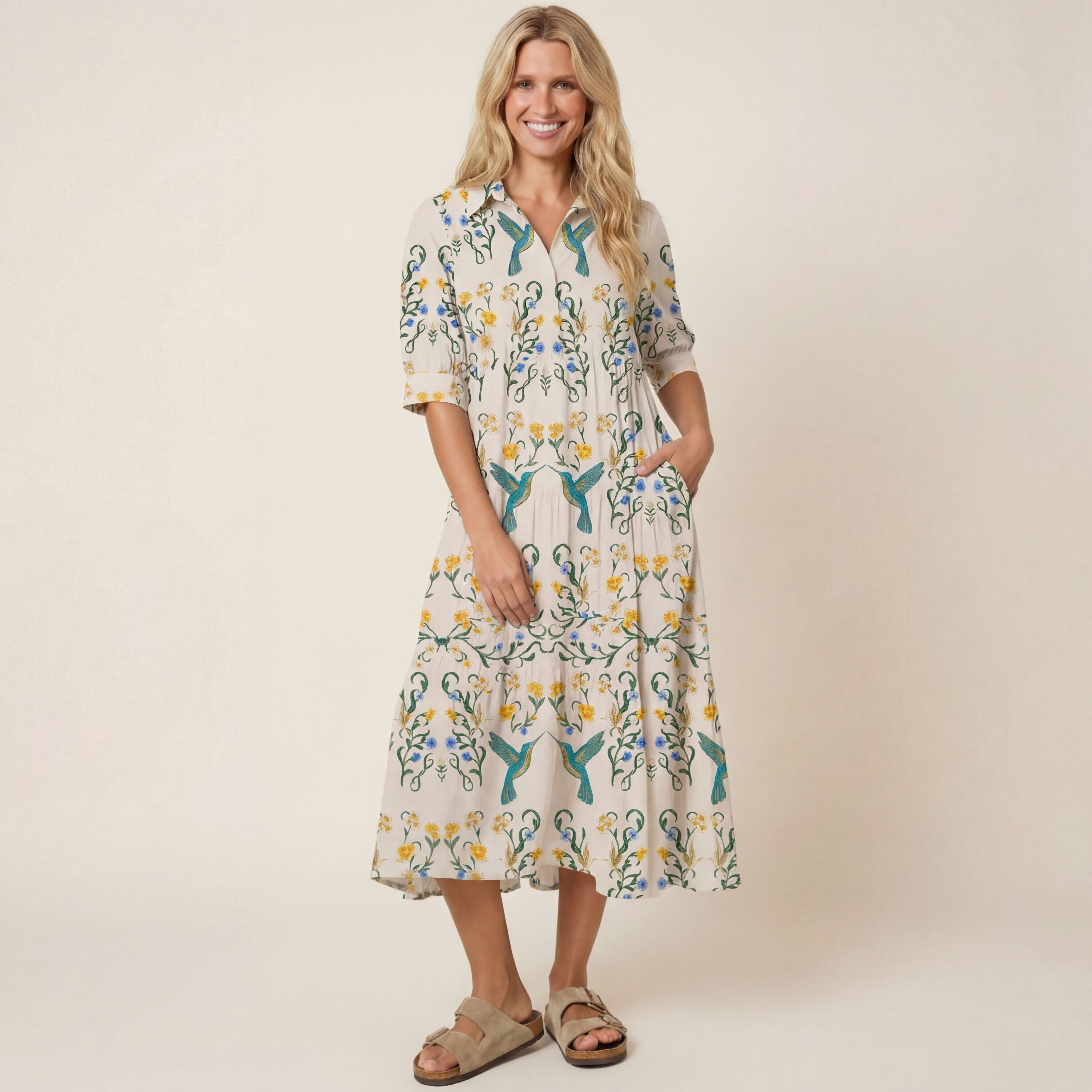  V Neck Collared Whispering Hummingbird Casual Long Shirt Dress