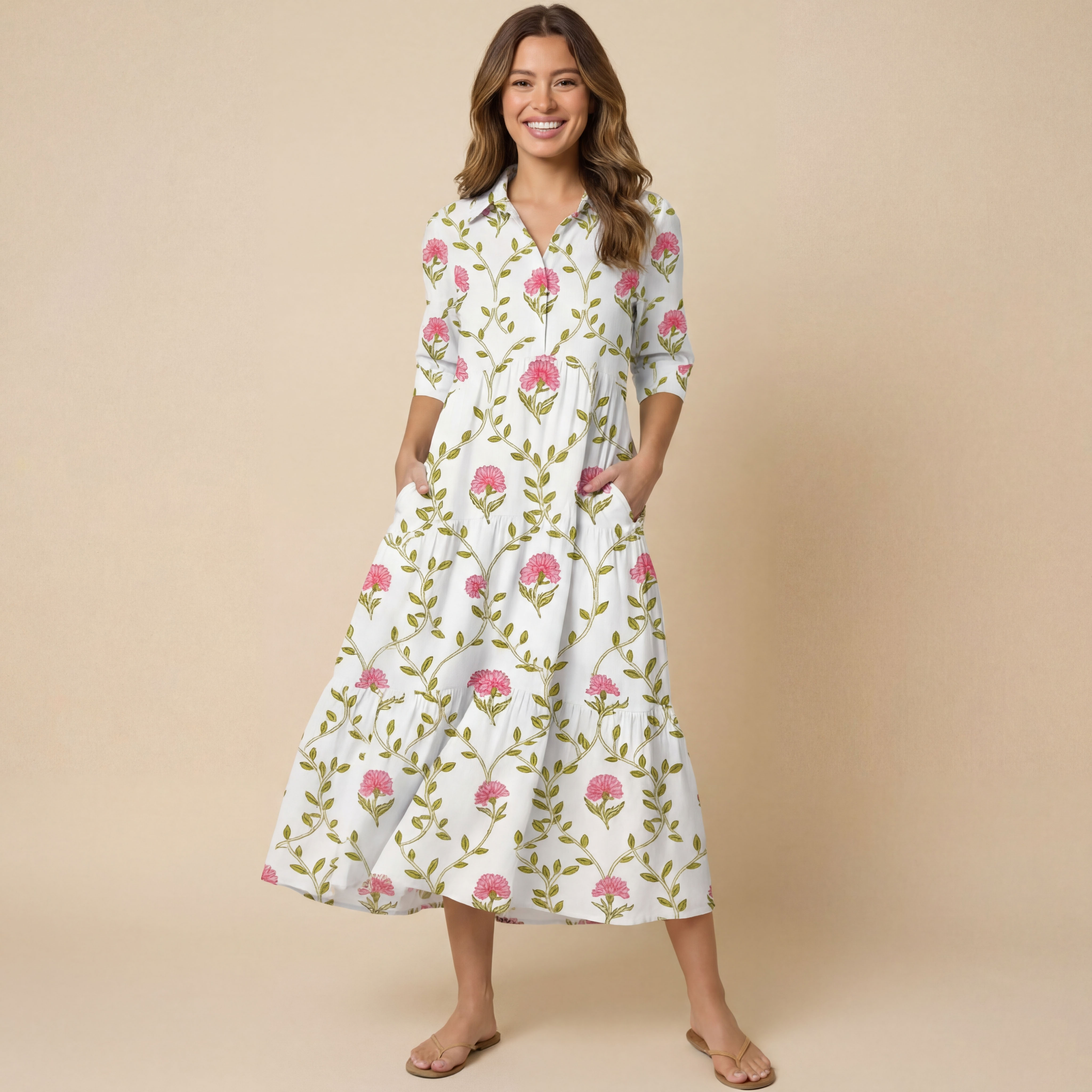  V Neck Collared Clover Vine Whisper Casual Long Shirt Dress