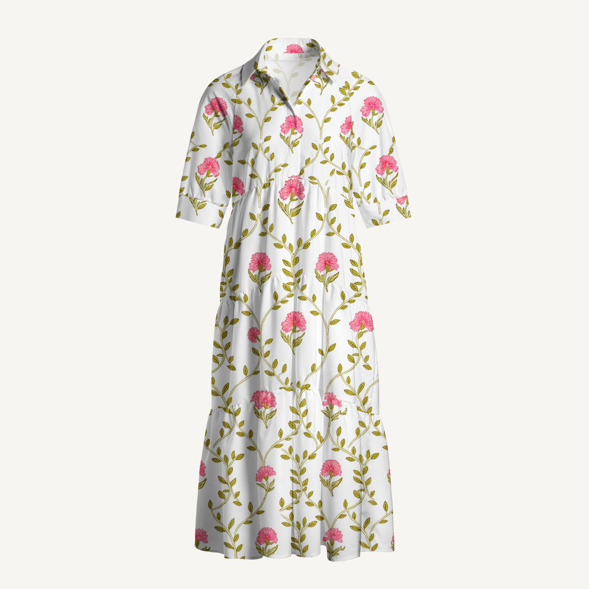  V Neck Collared Clover Vine Whisper Casual Long Shirt Dress