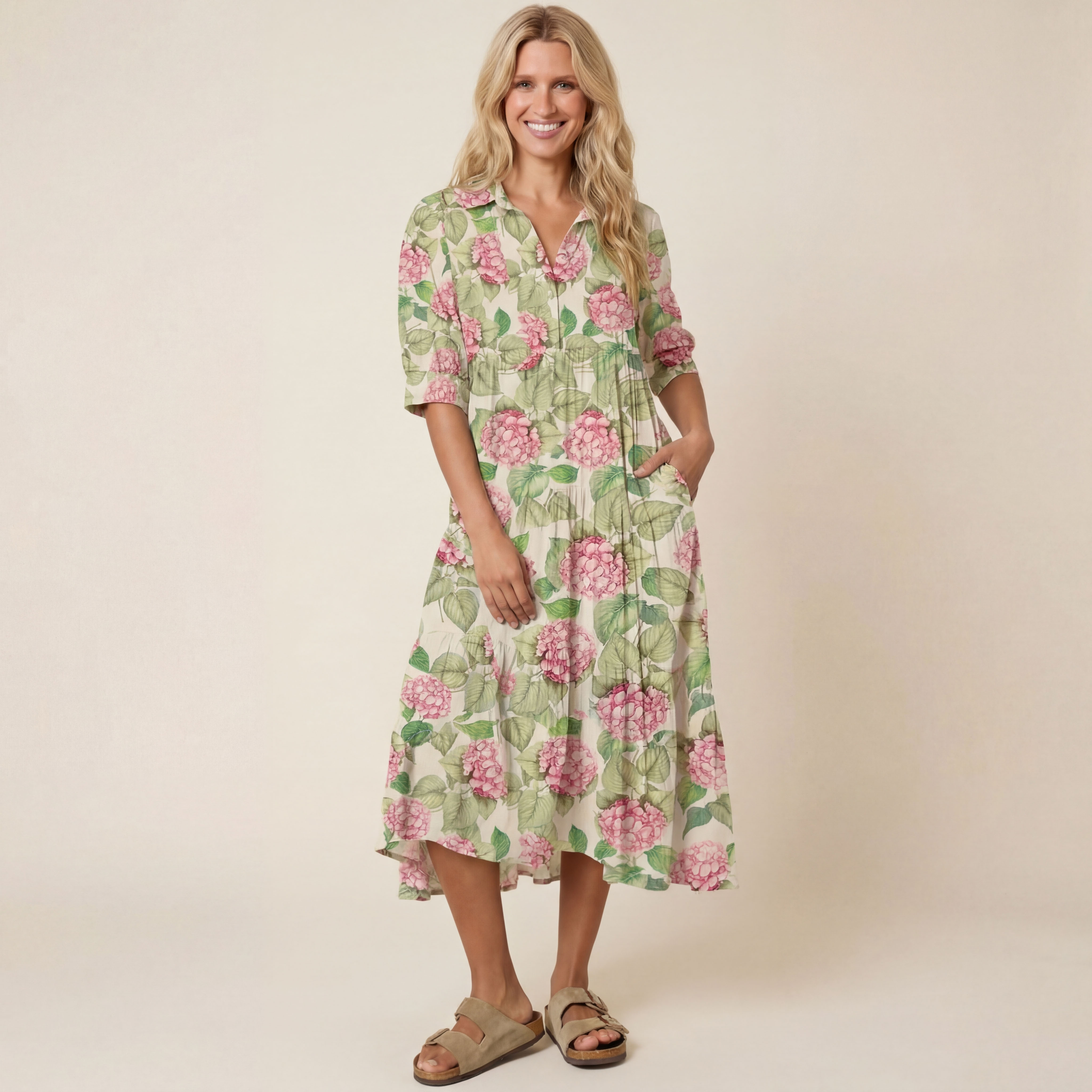  V Neck Collared Hydrangea Whisper Casual Long Shirt Dress