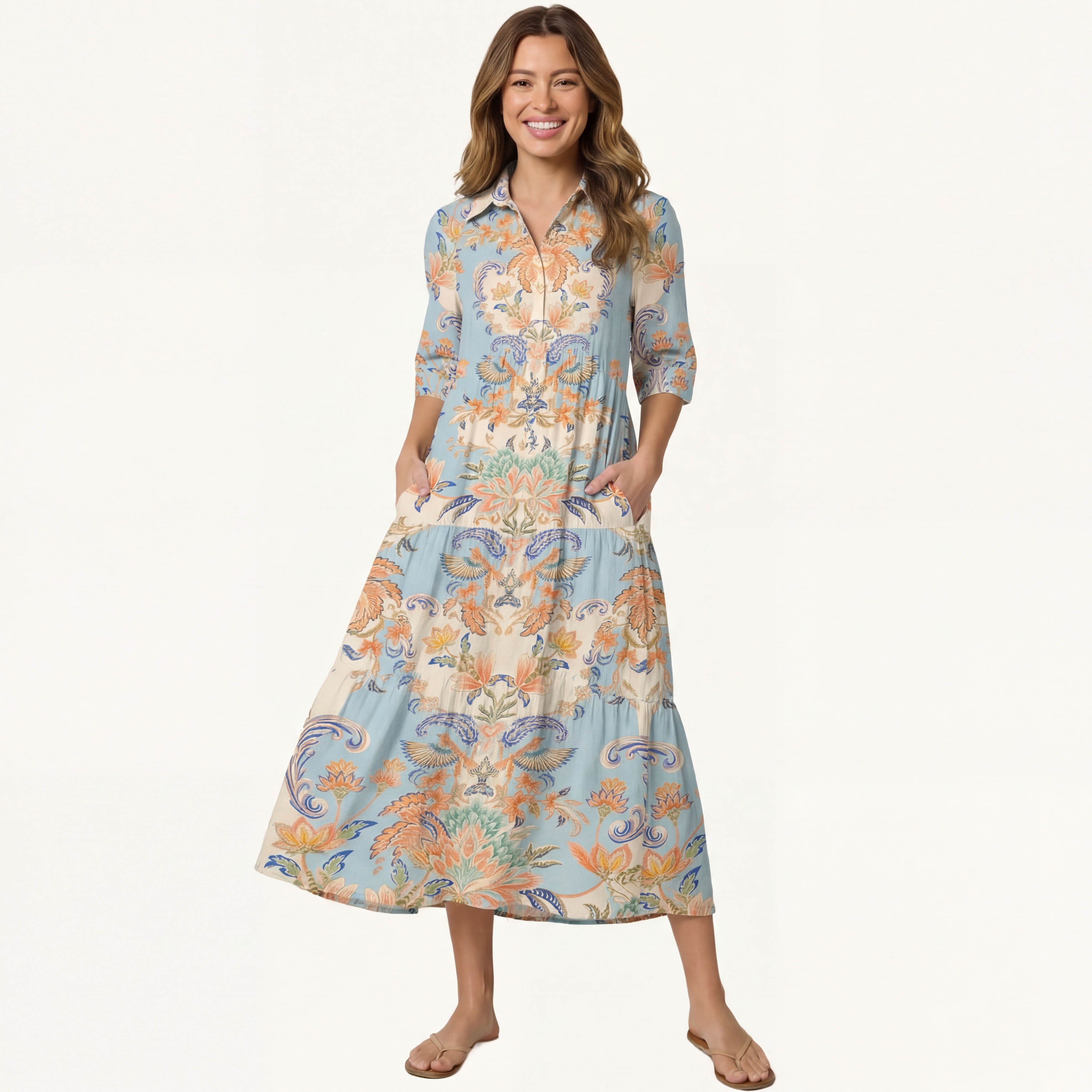  V Neck Collared Azure Lily Palace Casual Long Shirt Dress