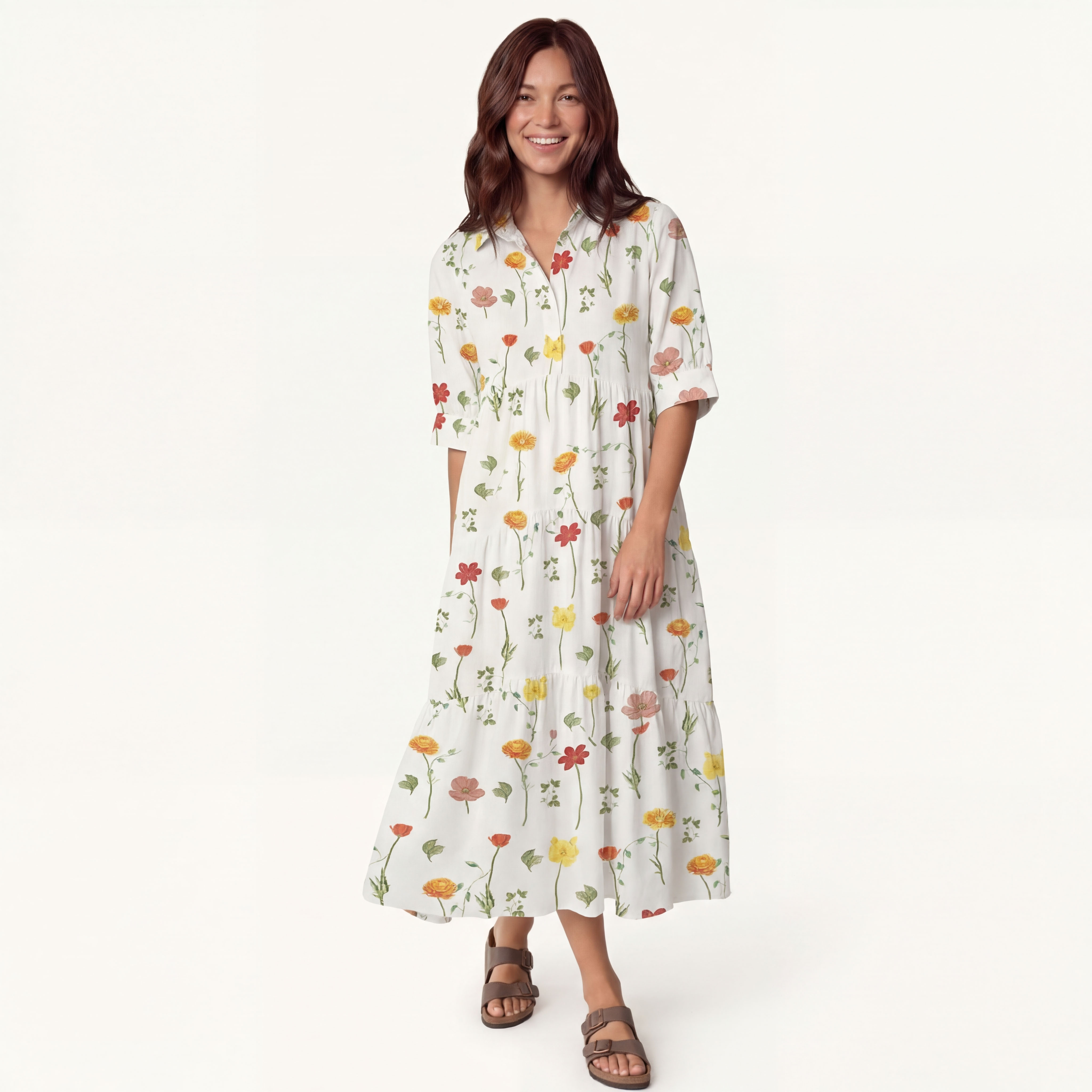  V Neck Collared Wildlight Meadow Casual Long Shirt Dress