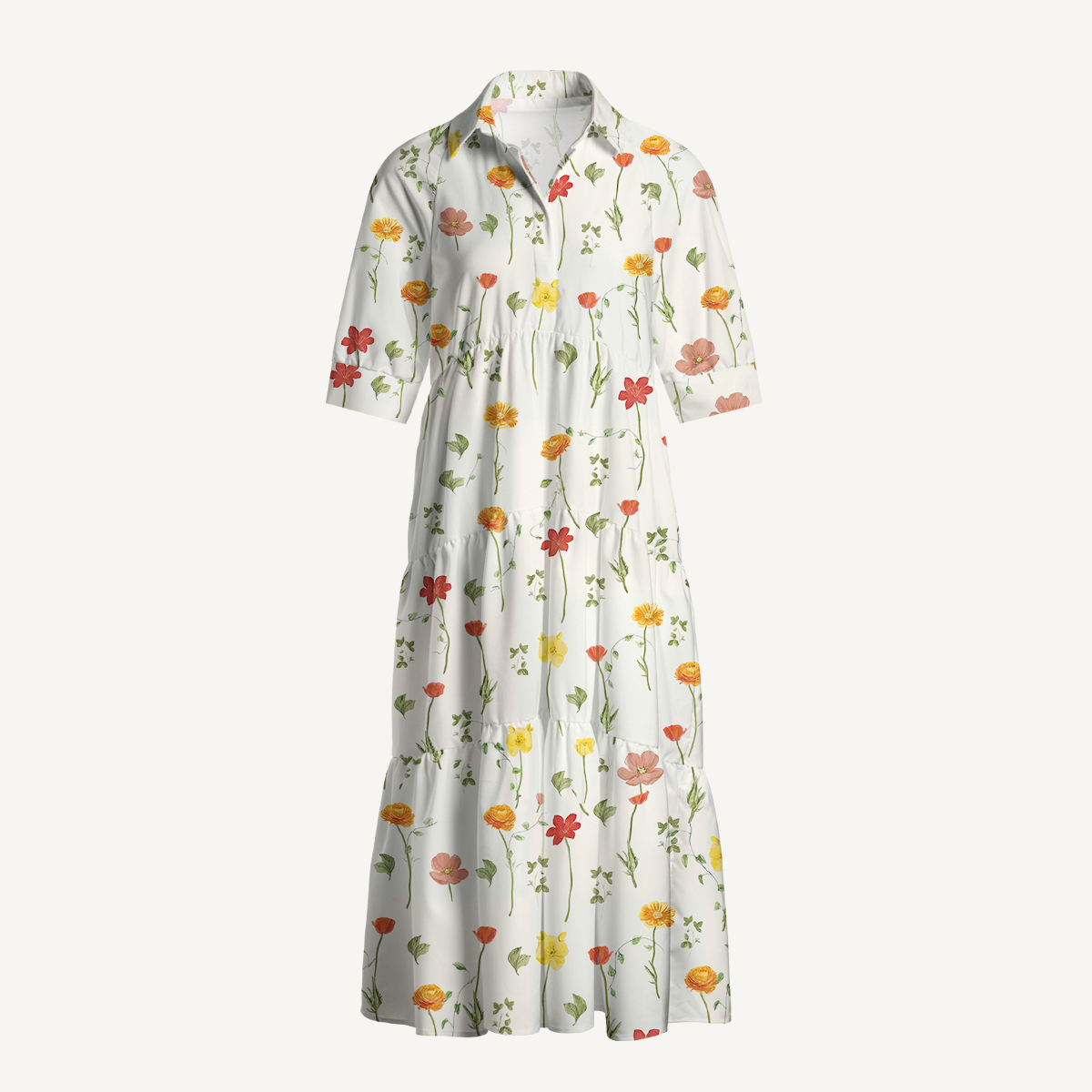  V Neck Collared Wildlight Meadow Casual Long Shirt Dress