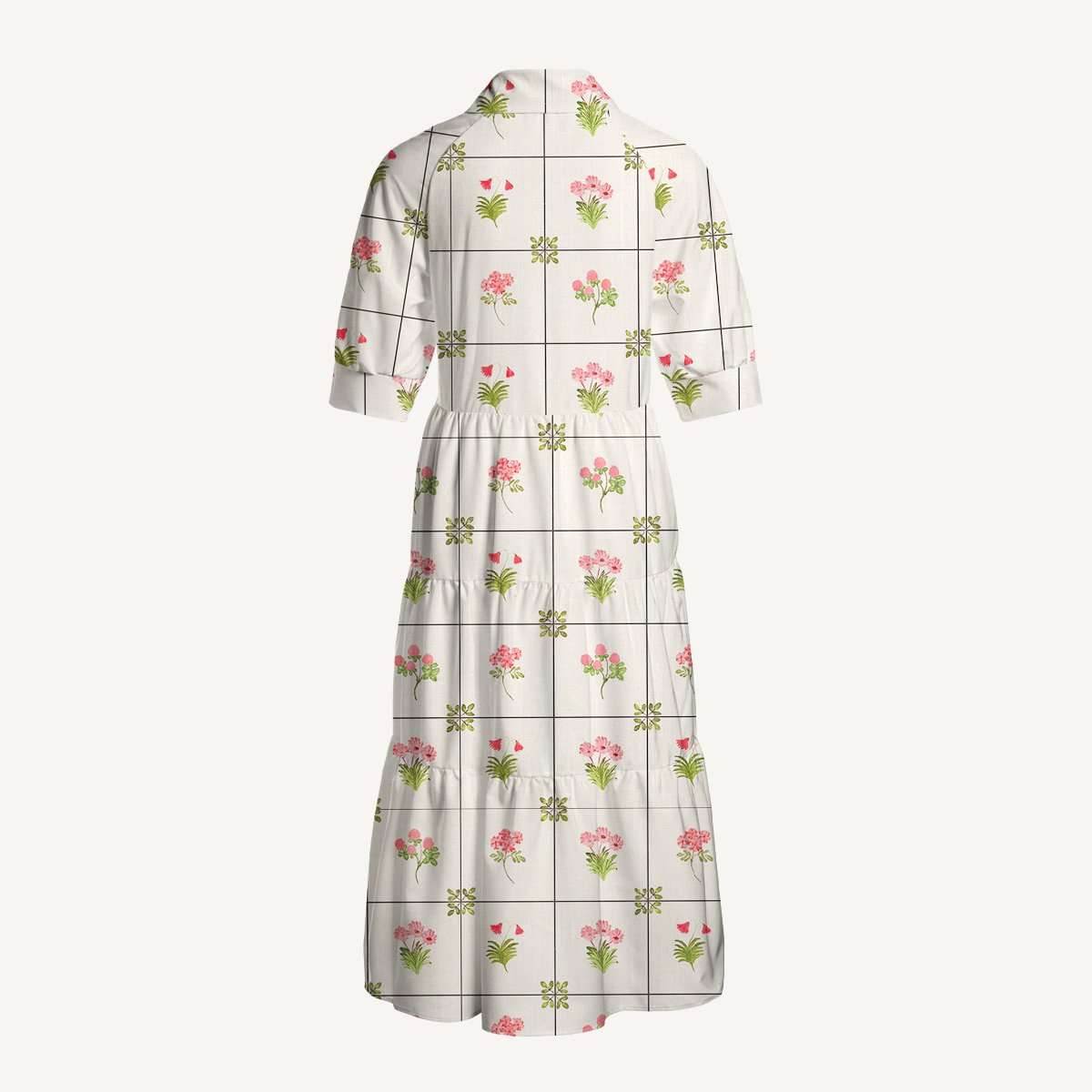  V Neck Collared Meadow Tile Bloom Casual Long Shirt Dress