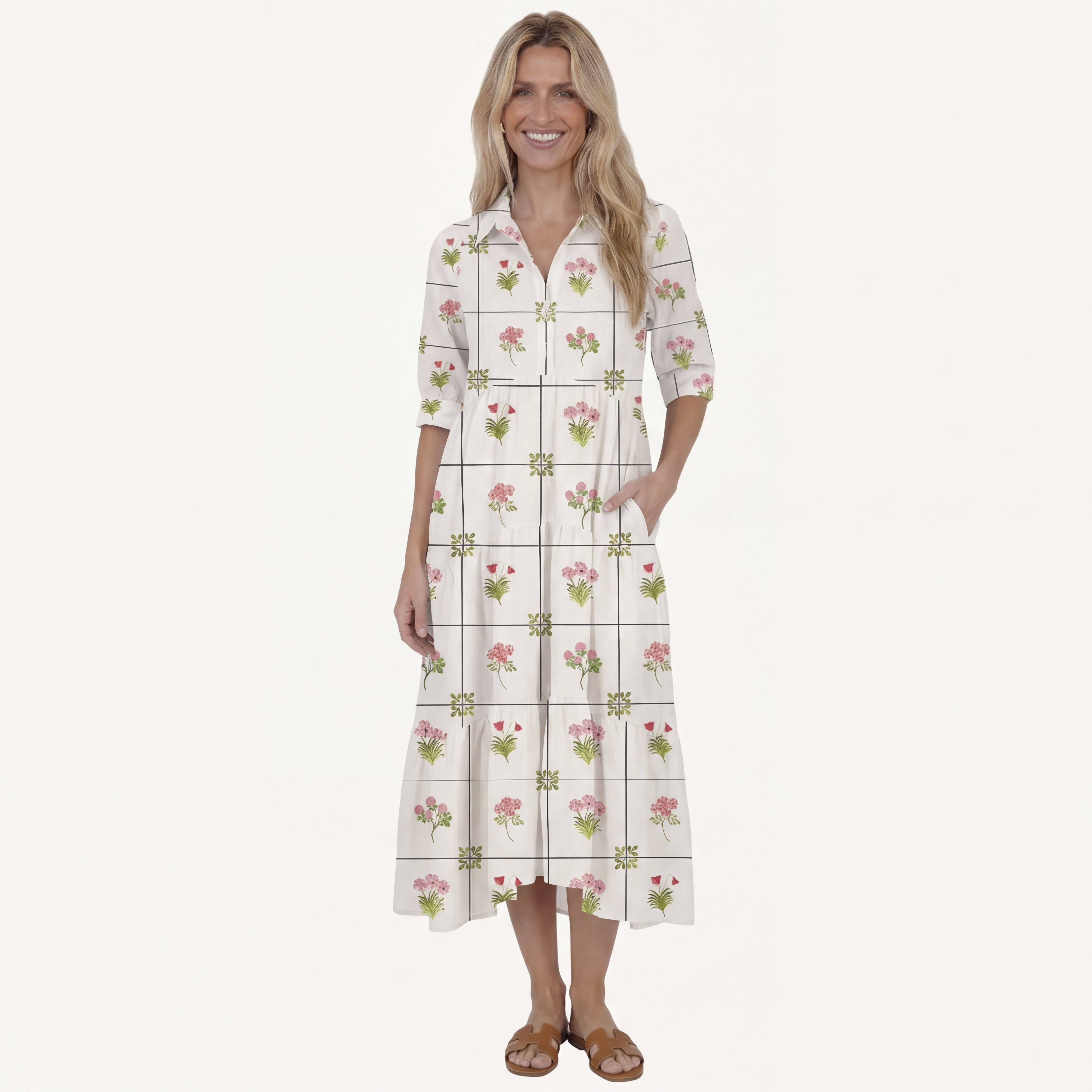  V Neck Collared Meadow Tile Bloom Casual Long Shirt Dress