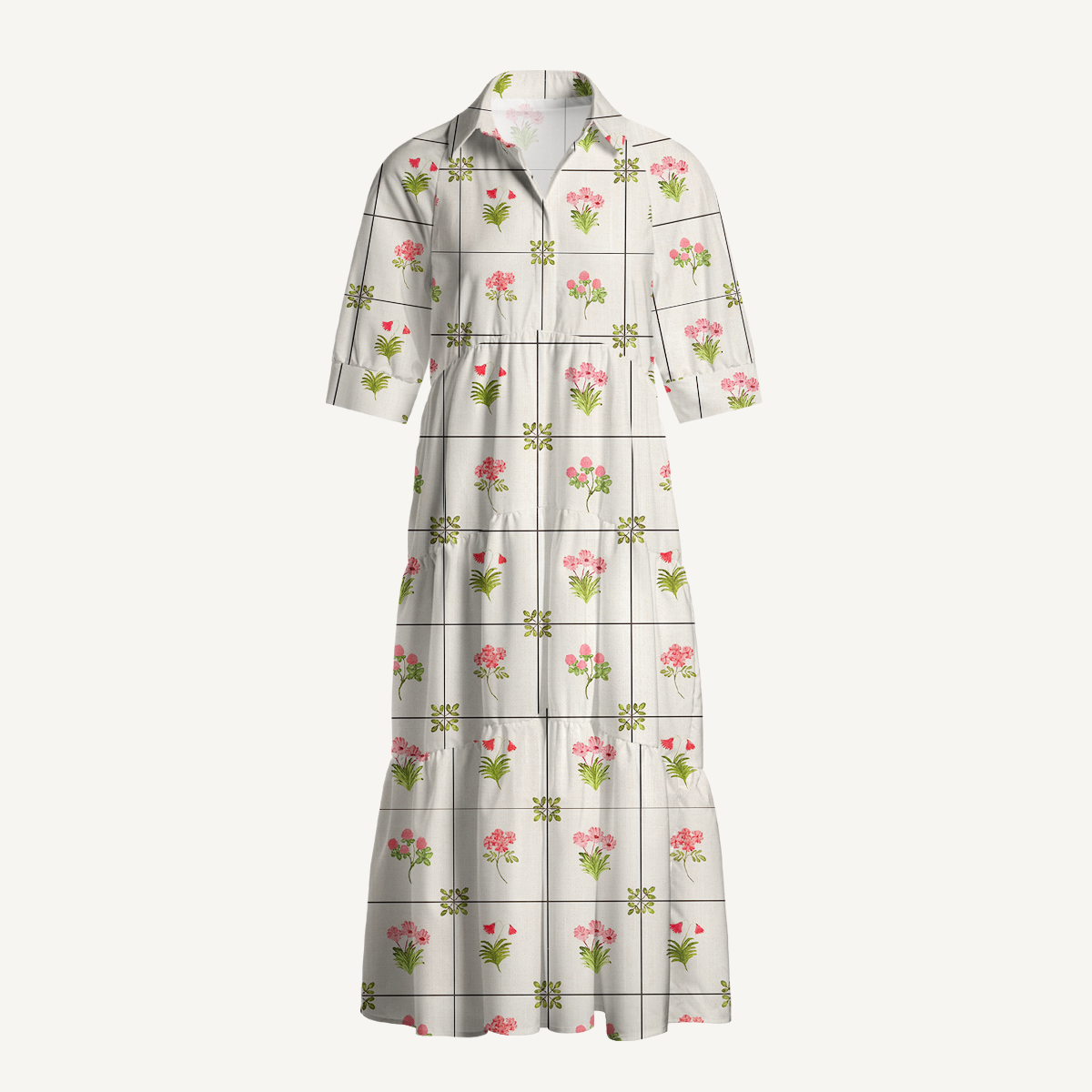  V Neck Collared Meadow Tile Bloom Casual Long Shirt Dress