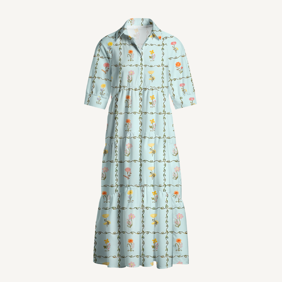  V Neck Collared Sunny Garden Tiles Casual Long Shirt Dress